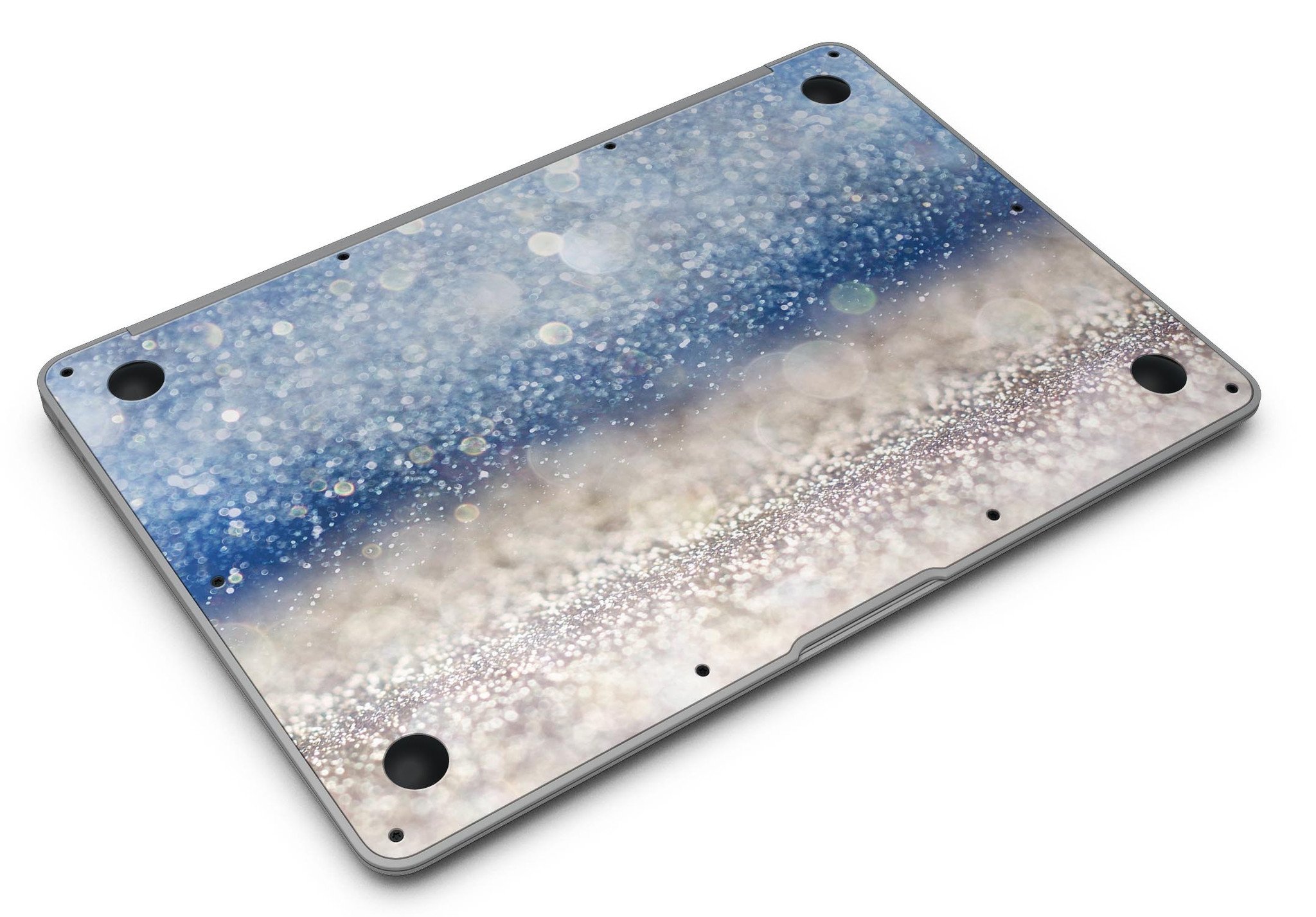 Blue Unfocused Silver Sparkle MacBook Air skin kit showcasing a vibrant design with a glossy finish.