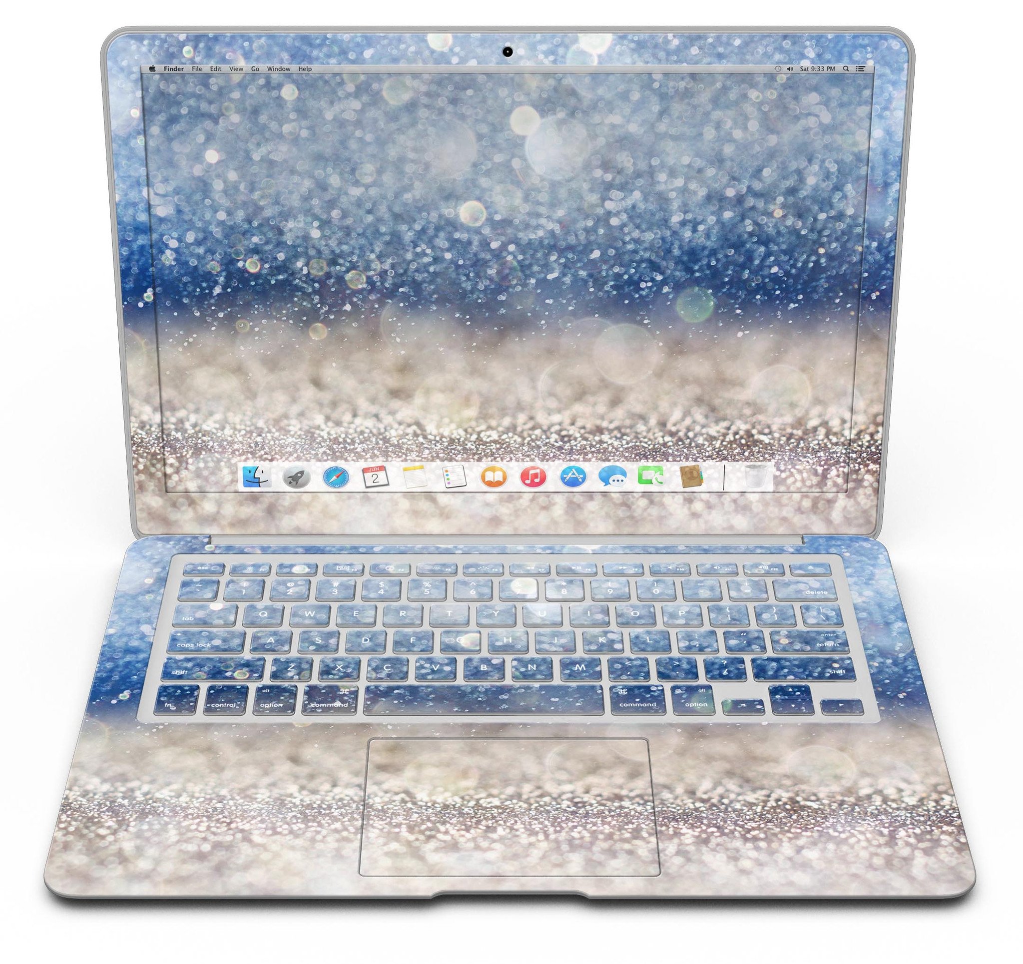 Blue Unfocused Silver Sparkle MacBook Air skin kit showcasing a vibrant design with a glossy finish.