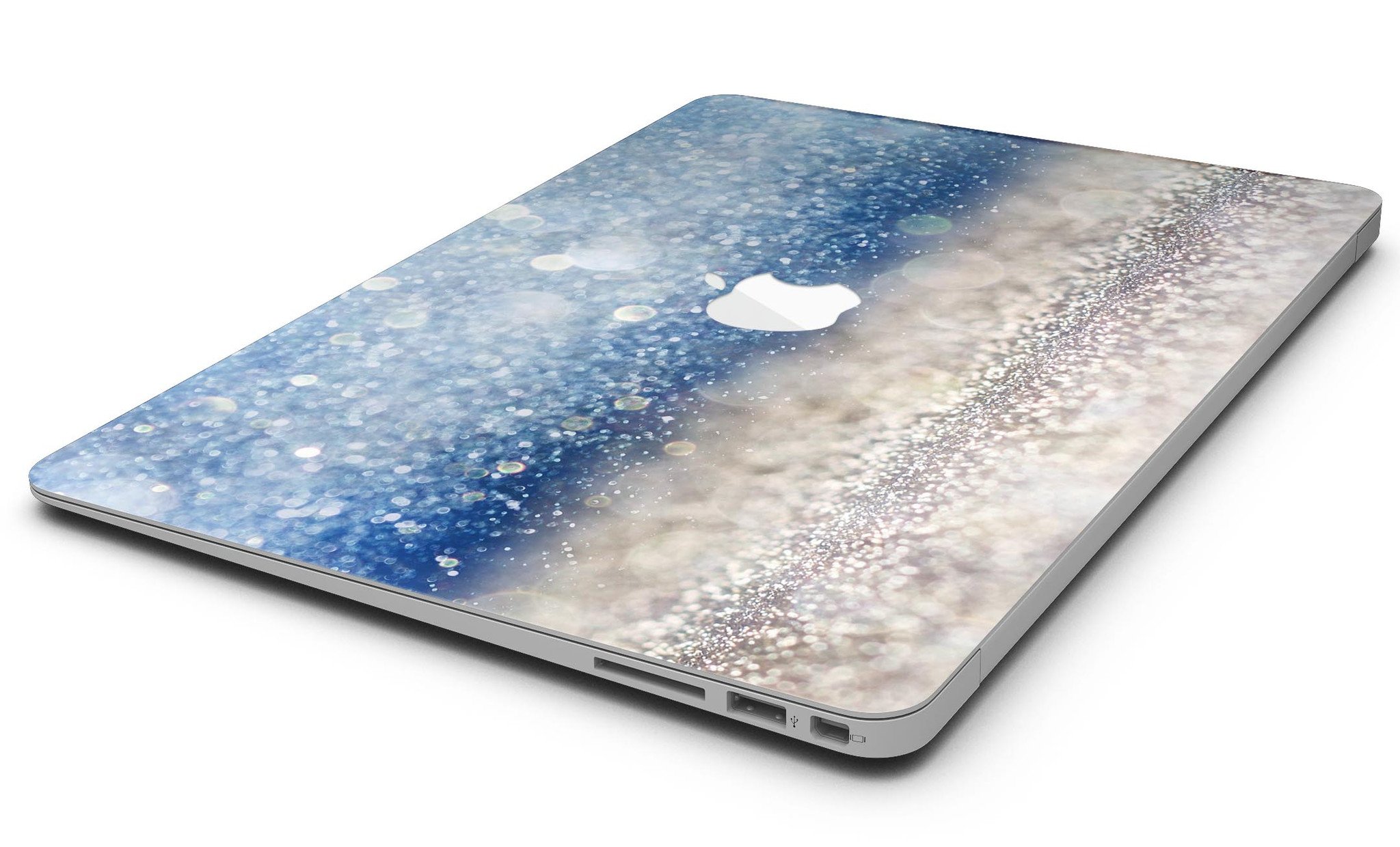 Blue Unfocused Silver Sparkle MacBook Air skin kit showcasing a vibrant design with a glossy finish.