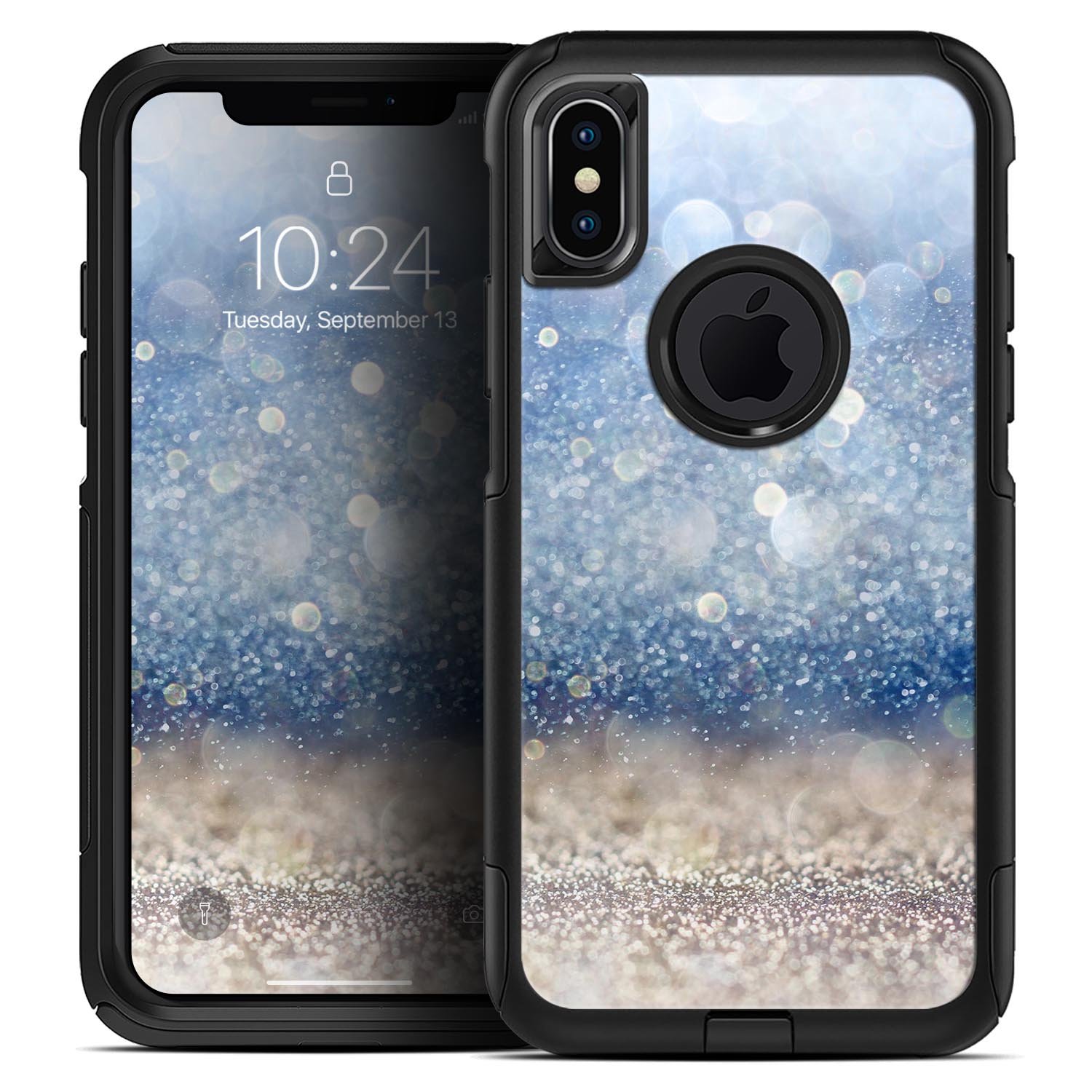 Blue Unfocused Silver Sparkle Skin Kit for iPhone OtterBox Cases, showcasing a vibrant design with sparkling blue and silver elements.