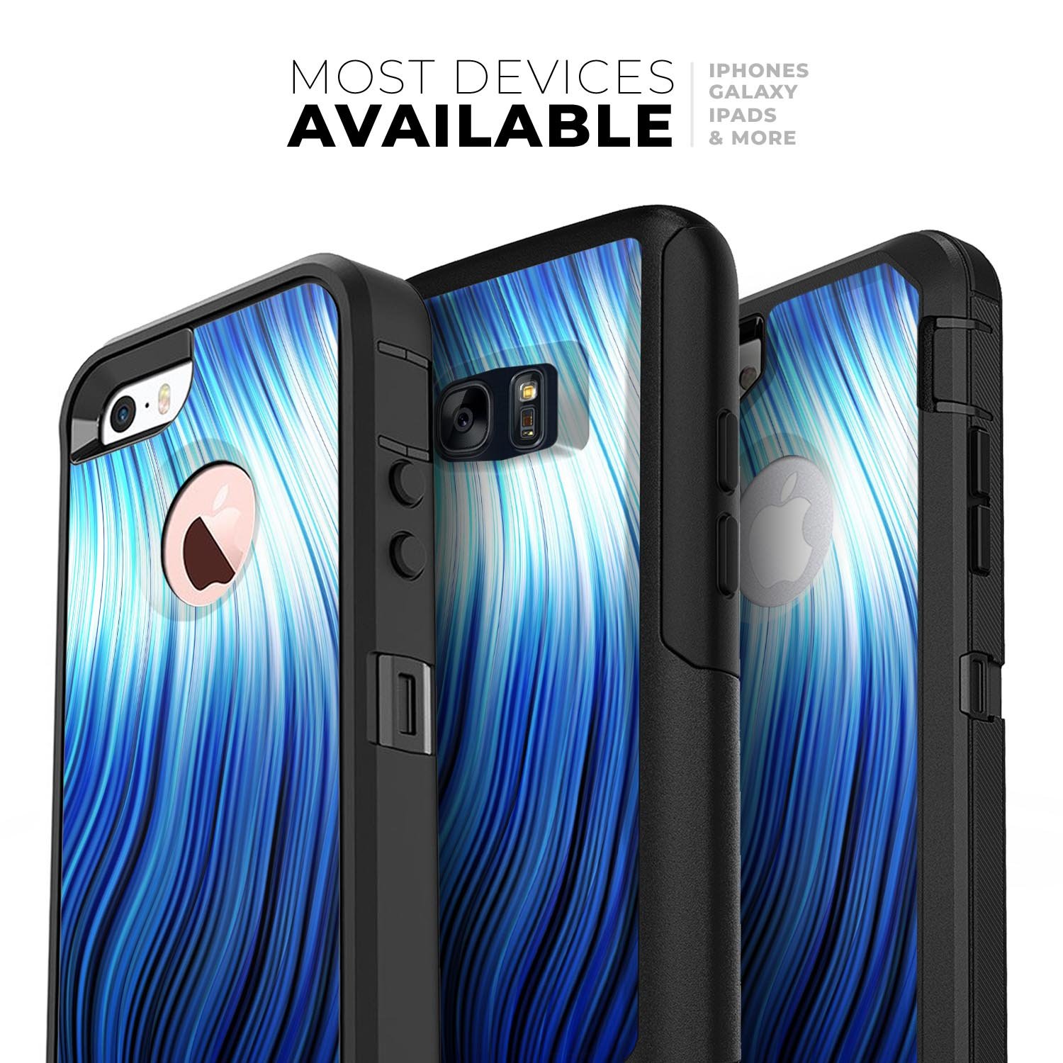 Blue Vector Swirly HD Strands Skin Kit for iPhone OtterBox Cases, showcasing vibrant colors and intricate patterns.