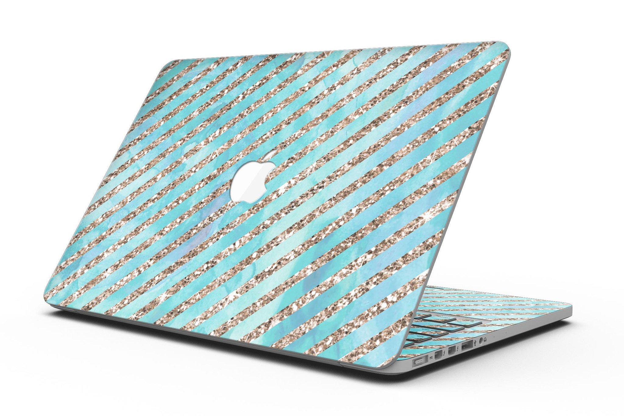 Blue watercolor and gold glitter diagonal stripes skin for MacBook Pro, showcasing a stylish design that enhances the device's appearance.