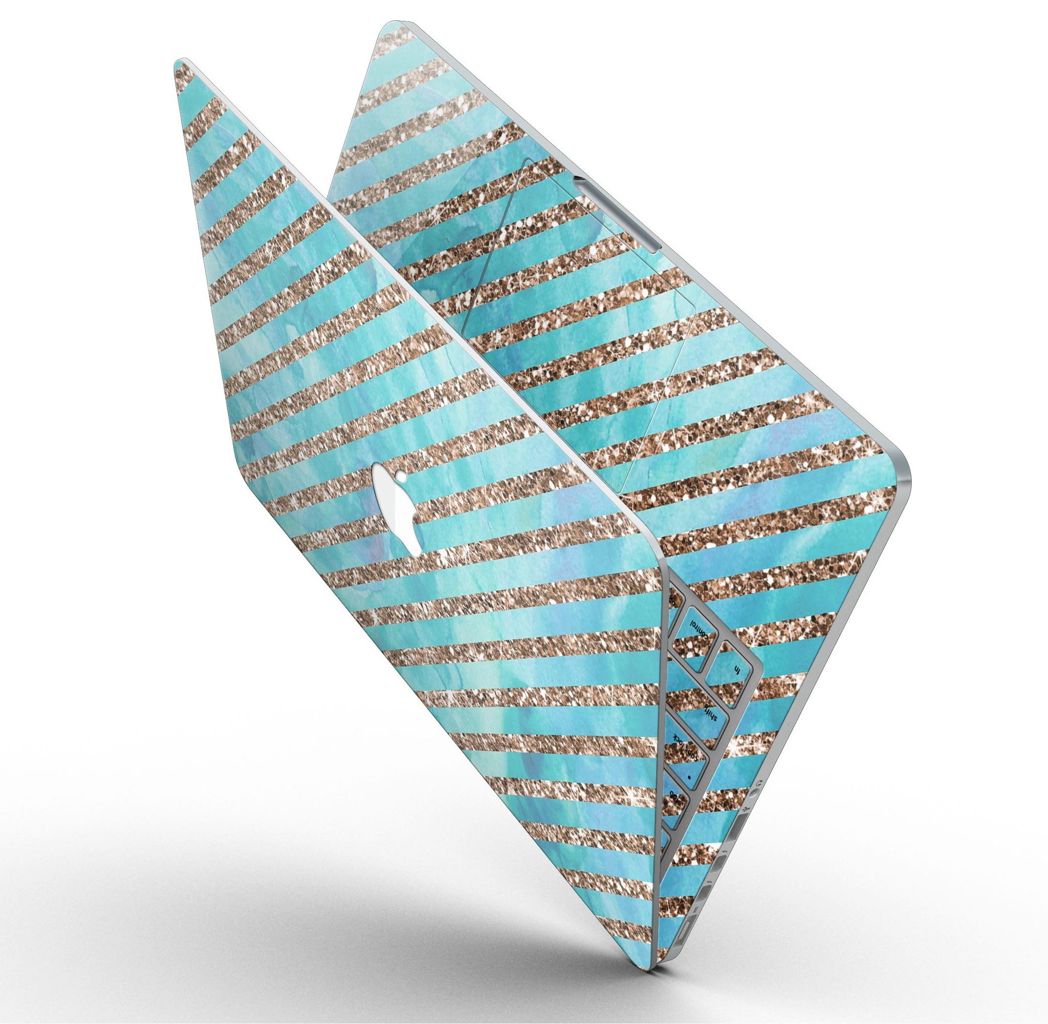 Blue watercolor and gold glitter diagonal stripes skin for MacBook Pro, showcasing a stylish design that enhances the device's appearance.