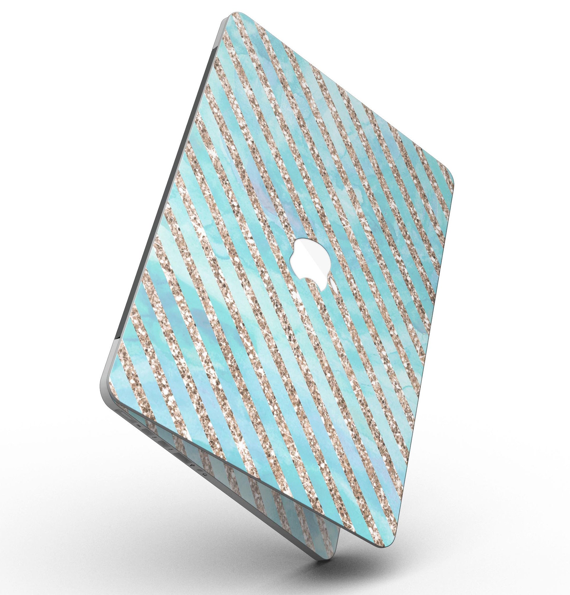 Blue watercolor and gold glitter diagonal stripes skin for MacBook Pro, showcasing a stylish design that enhances the device's appearance.