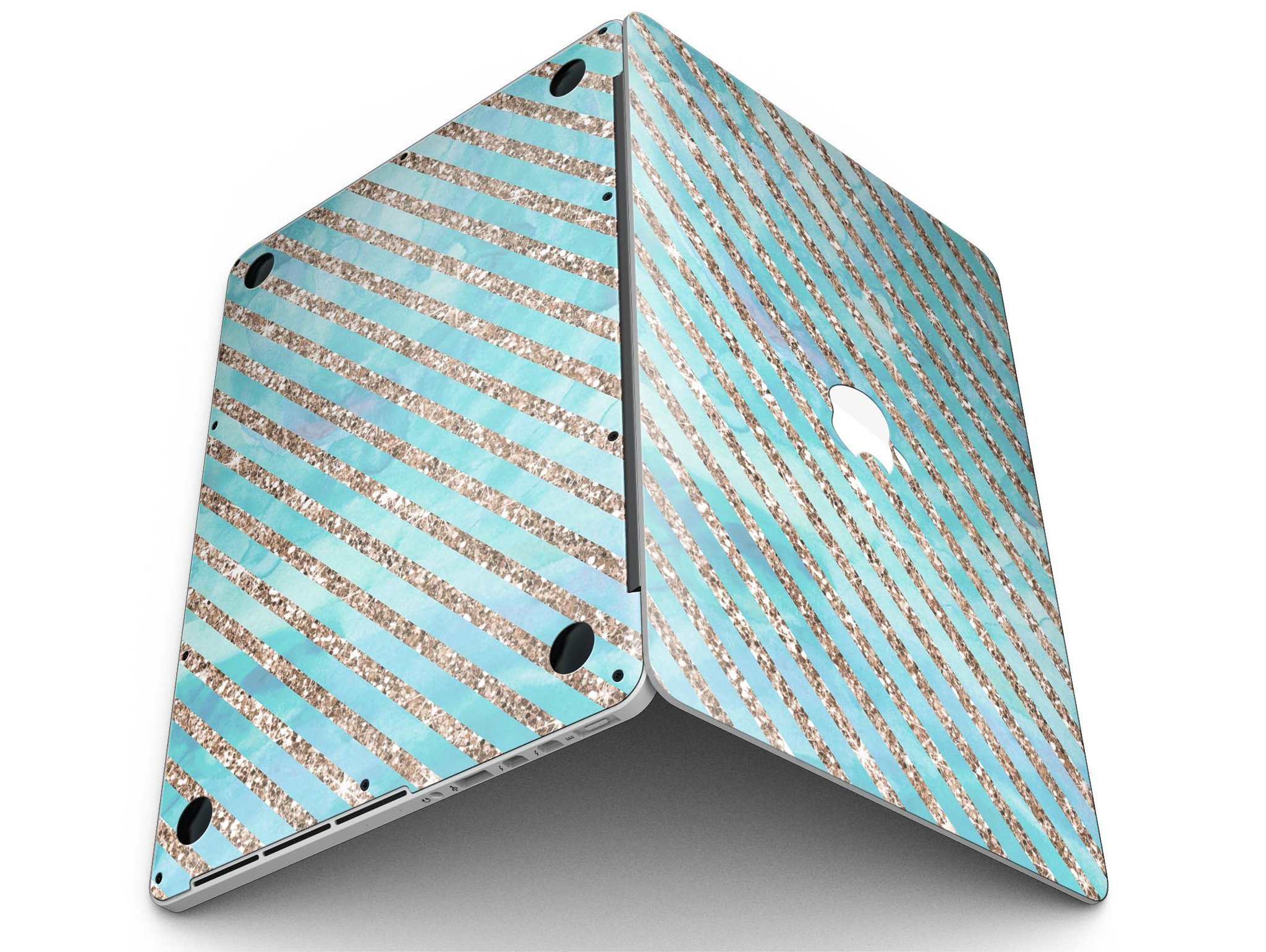 Blue watercolor and gold glitter diagonal stripes skin for MacBook Pro, showcasing a stylish design that enhances the device's appearance.
