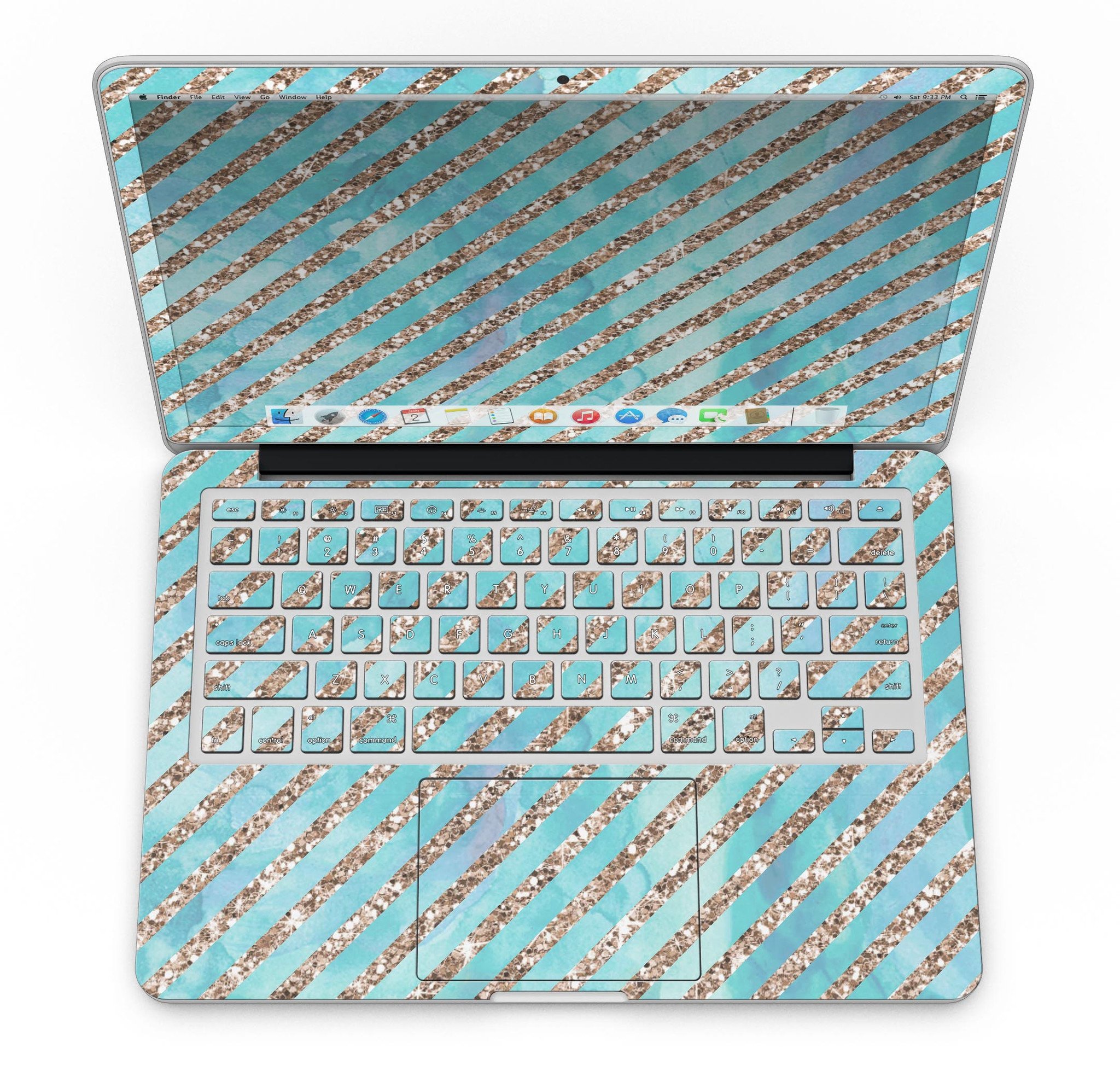 Blue watercolor and gold glitter diagonal stripes skin for MacBook Pro, showcasing a stylish design that enhances the device's appearance.