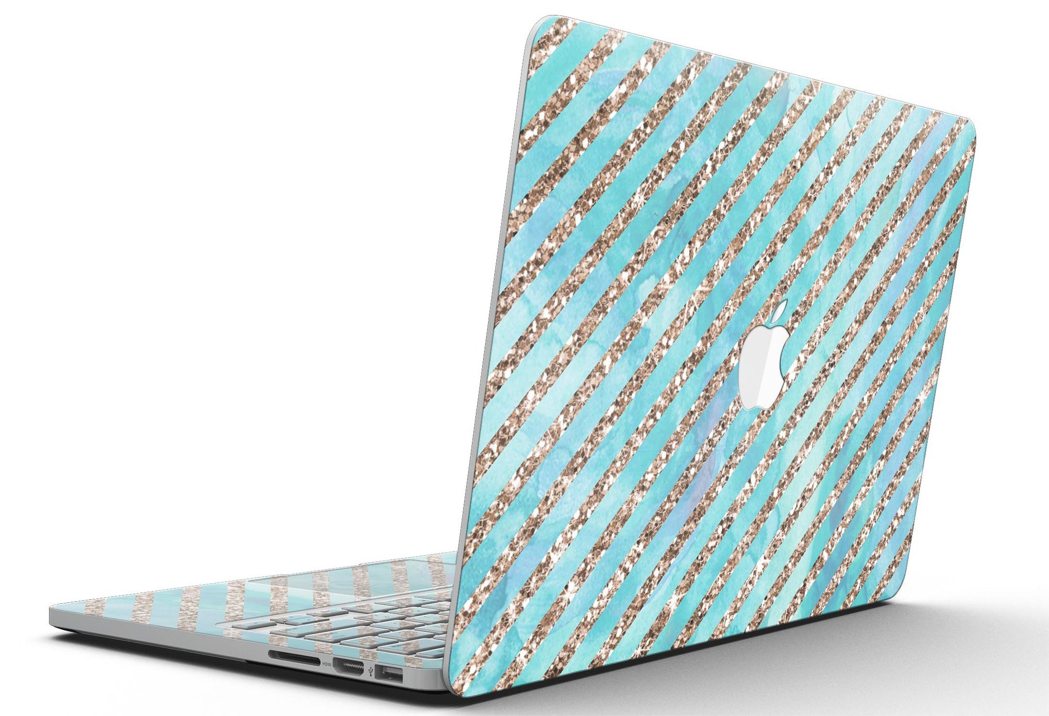 Blue watercolor and gold glitter diagonal stripes skin for MacBook Pro, showcasing a stylish design that enhances the device's appearance.