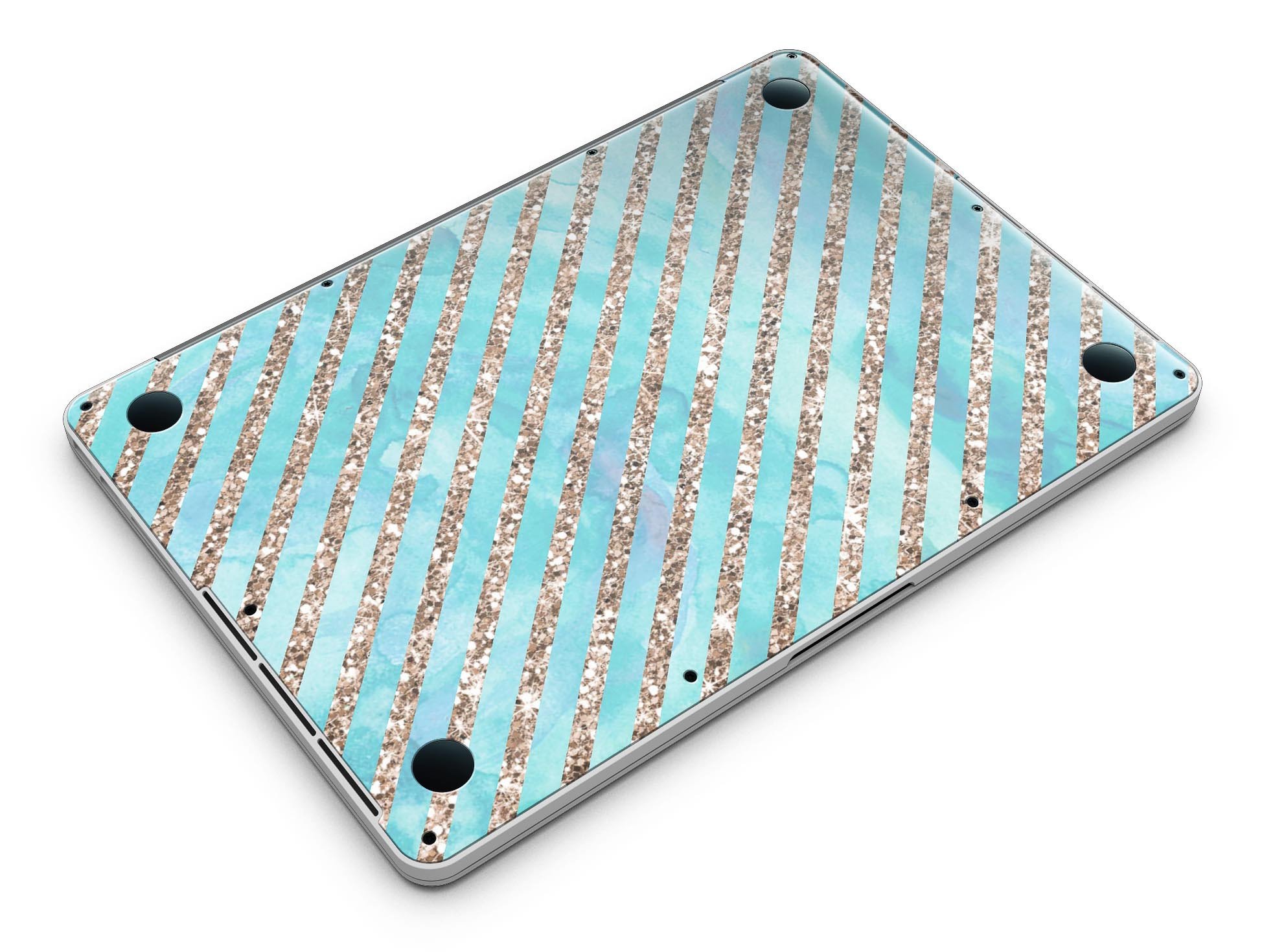 Blue watercolor and gold glitter diagonal stripes skin for MacBook Pro, showcasing a stylish design that enhances the device's appearance.