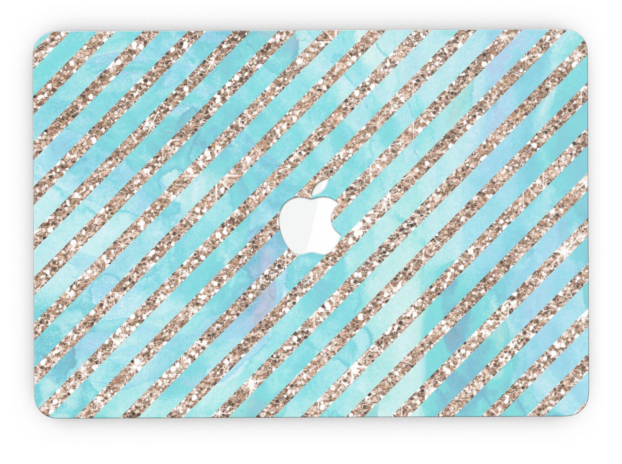Blue watercolor and gold glitter diagonal stripes skin for MacBook Pro, showcasing a stylish design that enhances the device's appearance.