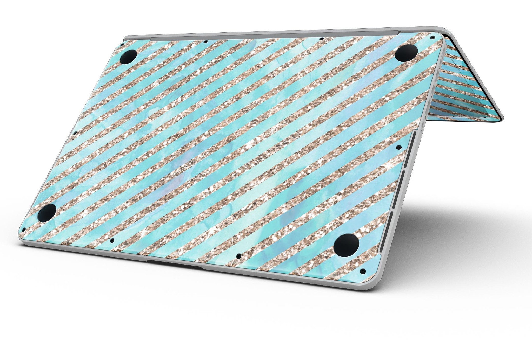 Blue watercolor and gold glitter diagonal stripes skin for MacBook Pro, showcasing a stylish design that enhances the device's appearance.