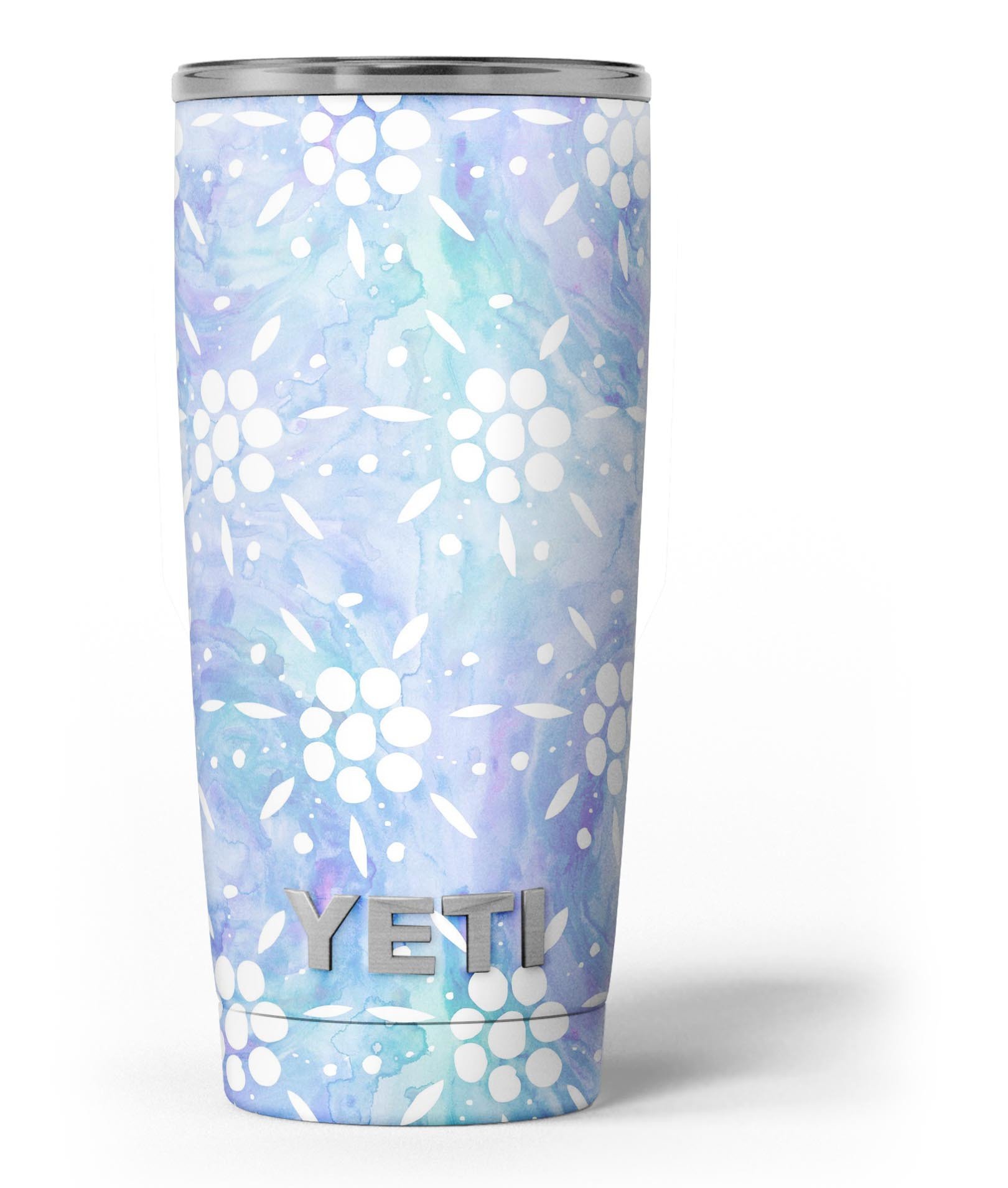Blue Watercolor and White Flower Print Skin Decal Vinyl Wrap for Yeti Cooler, showcasing vibrant colors and floral design.