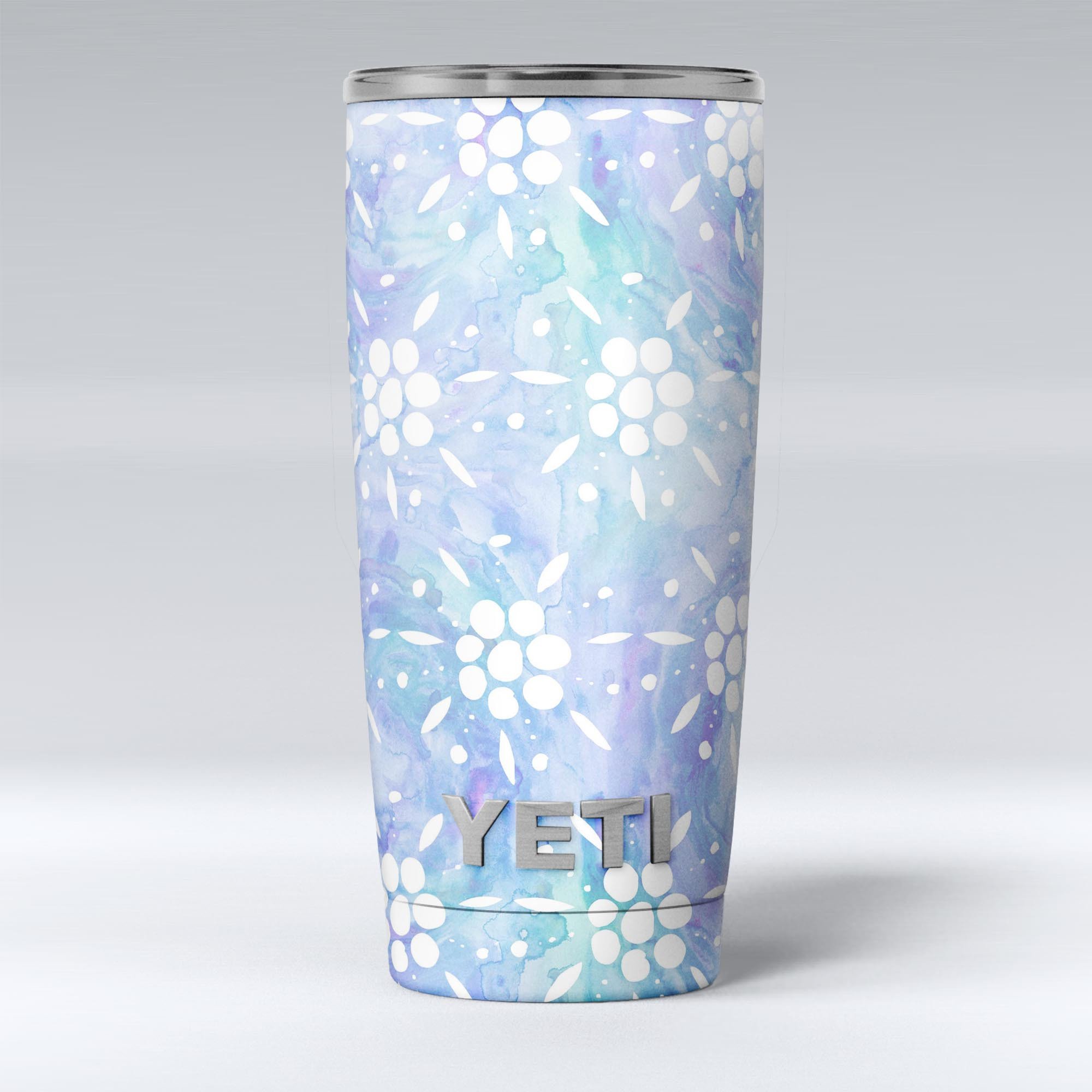 Blue Watercolor and White Flower Print Skin Decal Vinyl Wrap for Yeti Cooler, showcasing vibrant colors and floral design.