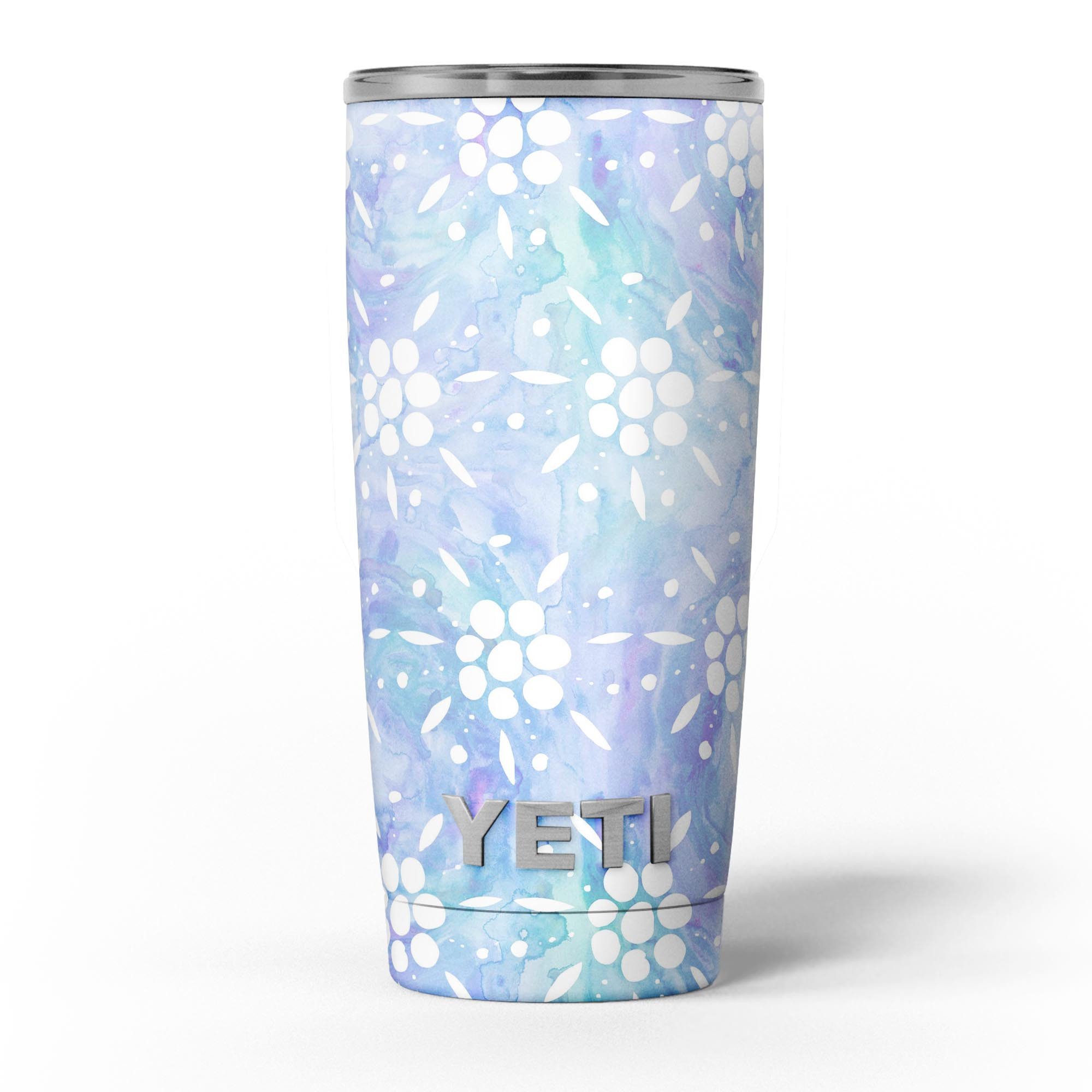 Blue Watercolor and White Flower Print Skin Decal Vinyl Wrap for Yeti Cooler, showcasing vibrant colors and floral design.