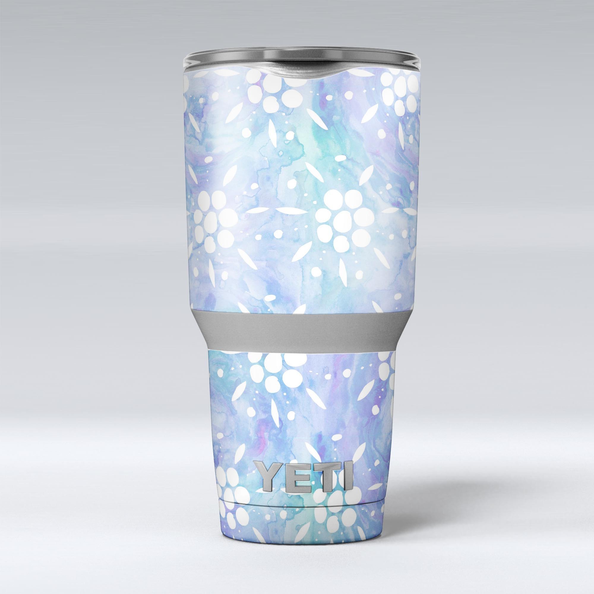 Blue Watercolor and White Flower Print Skin Decal Vinyl Wrap for Yeti Cooler, showcasing vibrant colors and floral design.