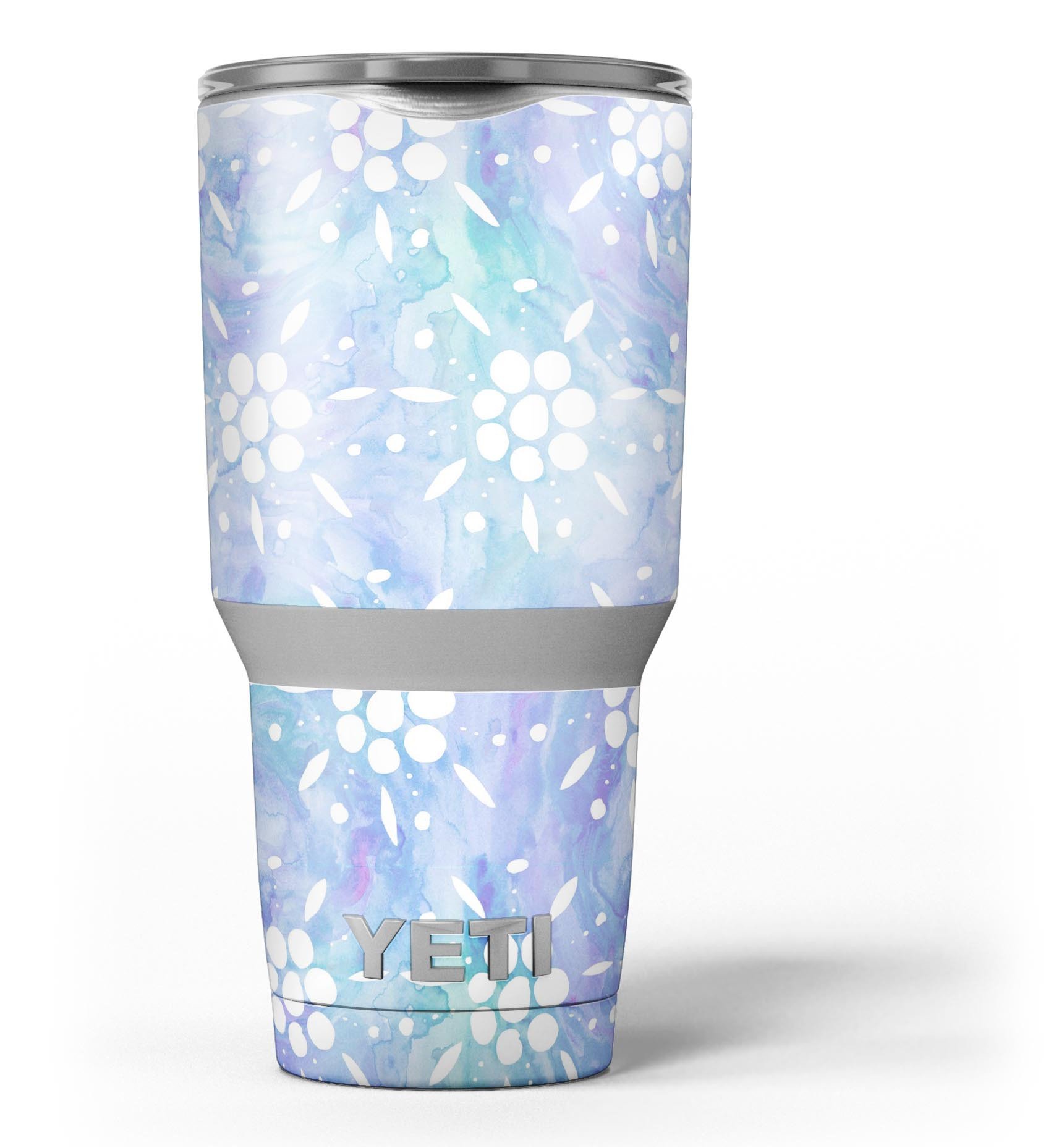 Blue Watercolor and White Flower Print Skin Decal Vinyl Wrap for Yeti Cooler, showcasing vibrant colors and floral design.