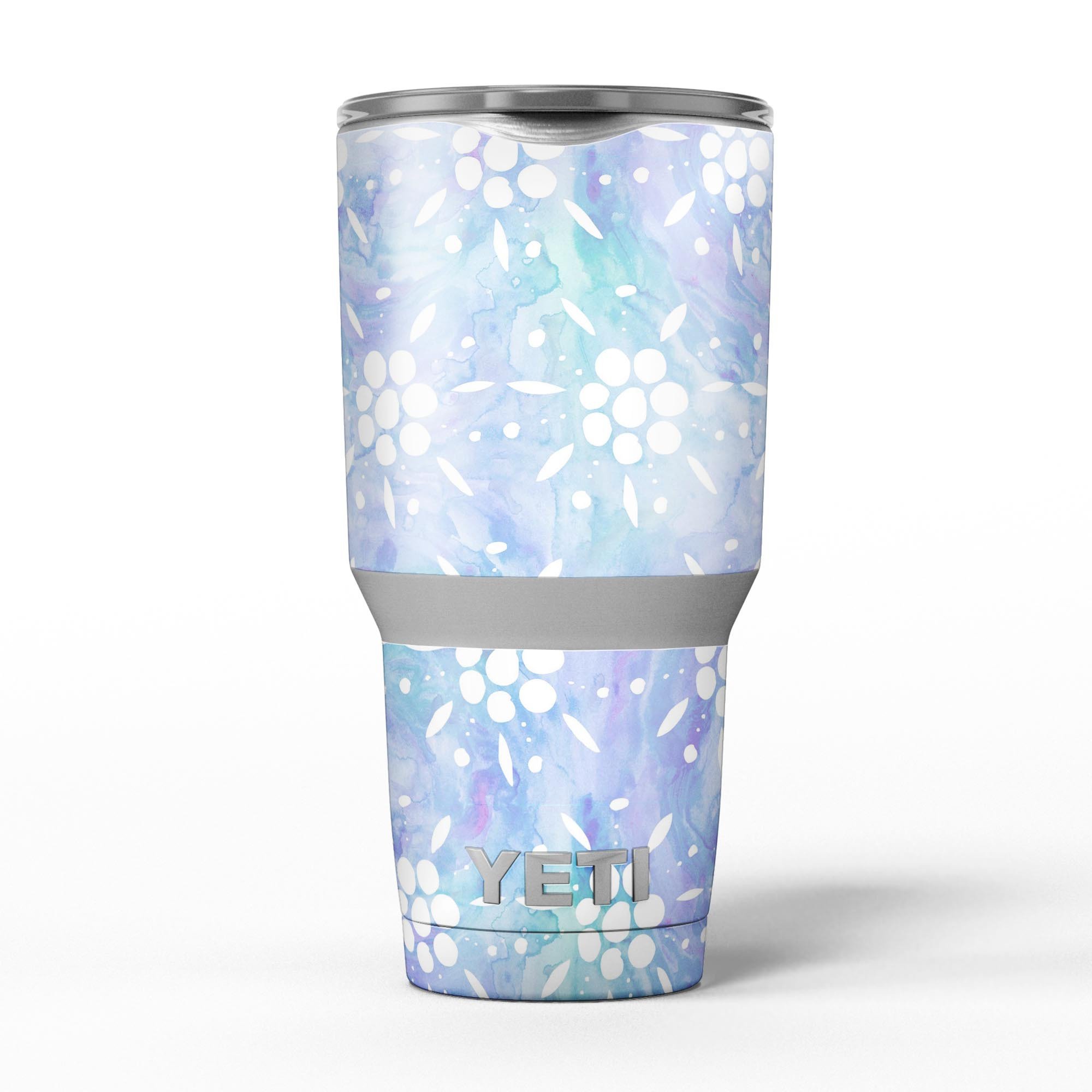Blue Watercolor and White Flower Print Skin Decal Vinyl Wrap for Yeti Cooler, showcasing vibrant colors and floral design.