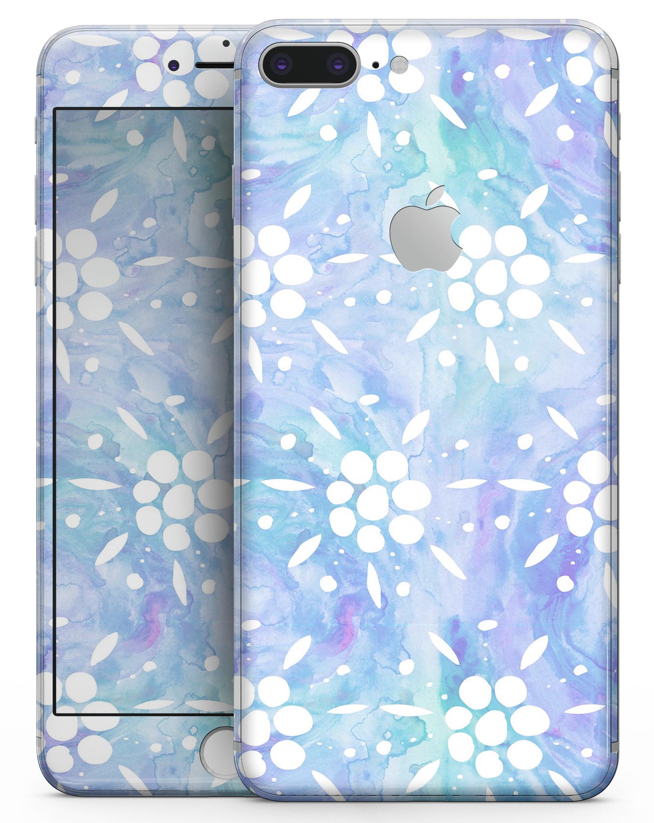 Blue Watercolor and White Flower Print Skin-Kit for iPhone 8 and 8 Plus, showcasing a vibrant floral design on a sleek vinyl surface.