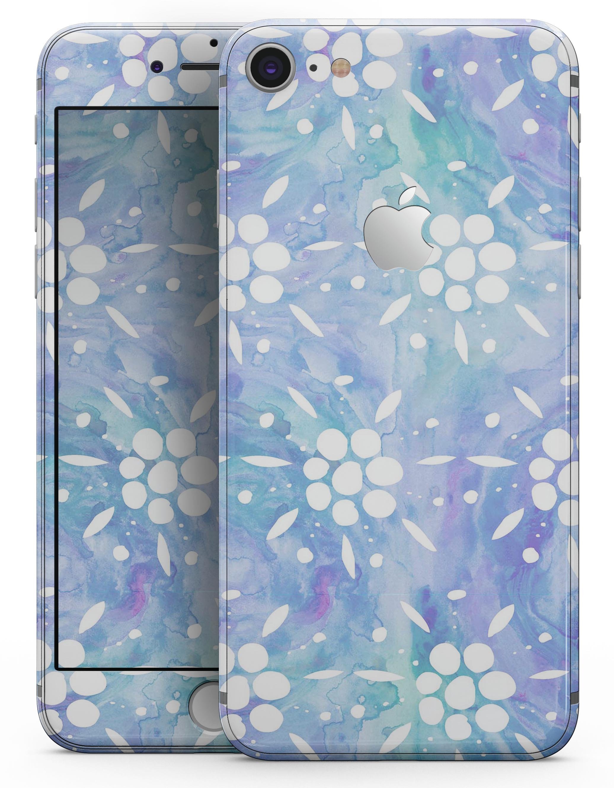 Blue Watercolor and White Flower Print Skin-Kit for iPhone 8 and 8 Plus, showcasing a vibrant floral design on a sleek vinyl surface.