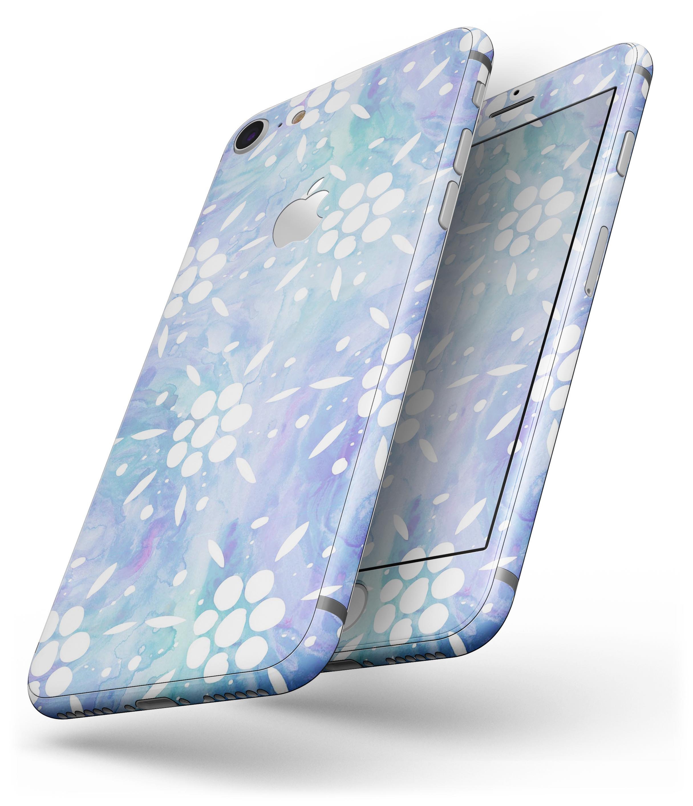 Blue Watercolor and White Flower Print Skin-Kit for iPhone 8 and 8 Plus, showcasing a vibrant floral design on a sleek vinyl surface.