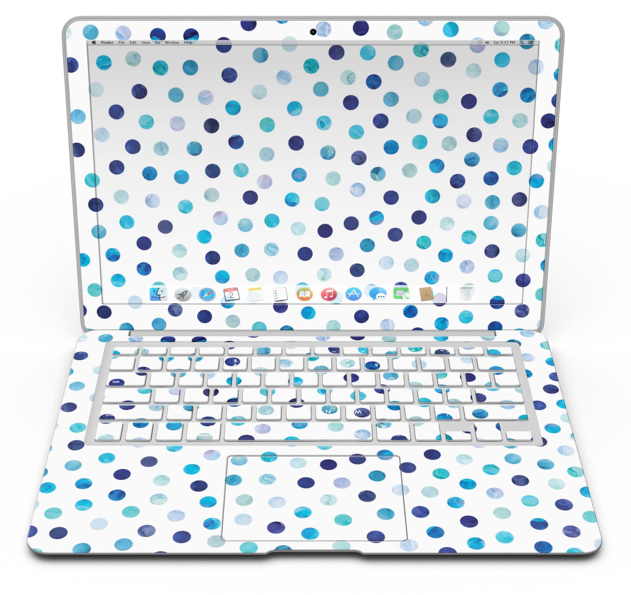 Blue Watercolor Dots skin for MacBook Air, featuring a stylish design on a white background, providing protection and personalization.