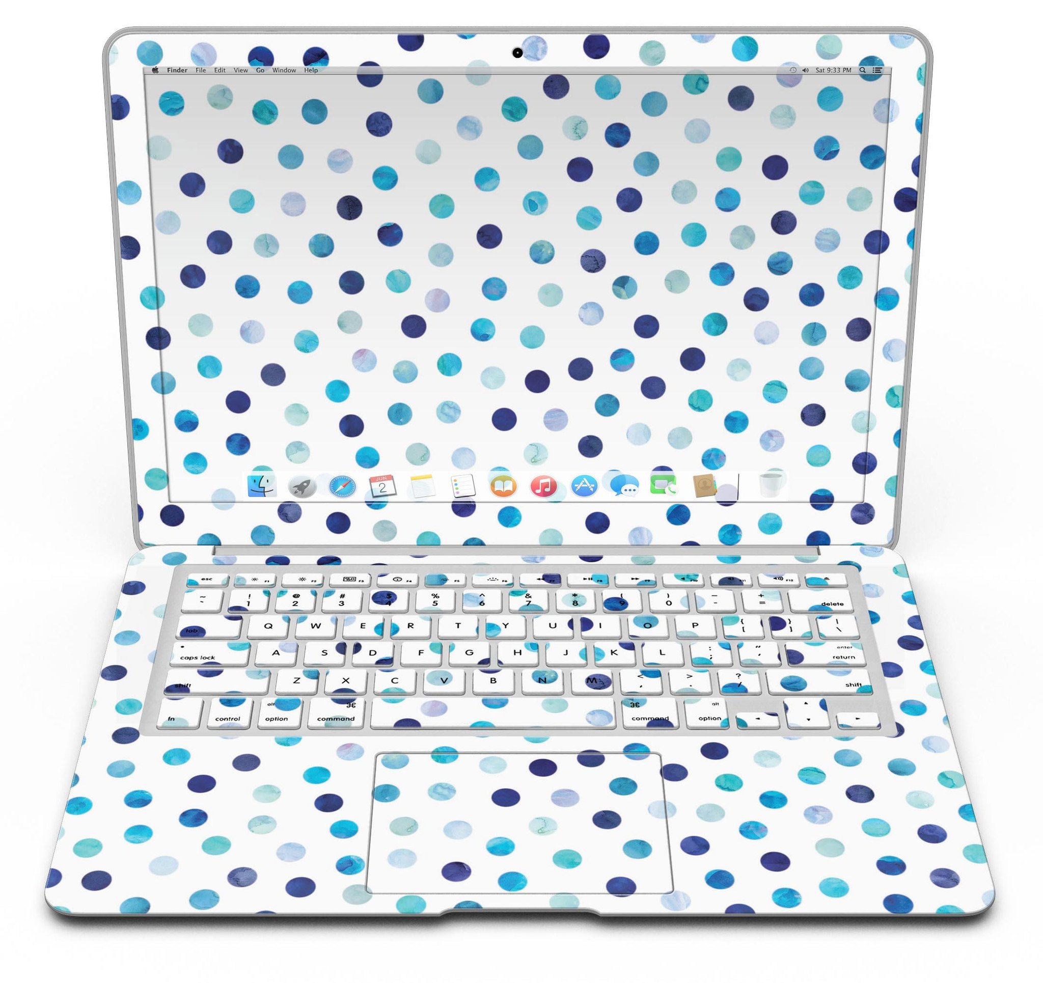 Blue Watercolor Dots skin for MacBook Air, featuring a stylish design on a white background, providing protection and personalization.