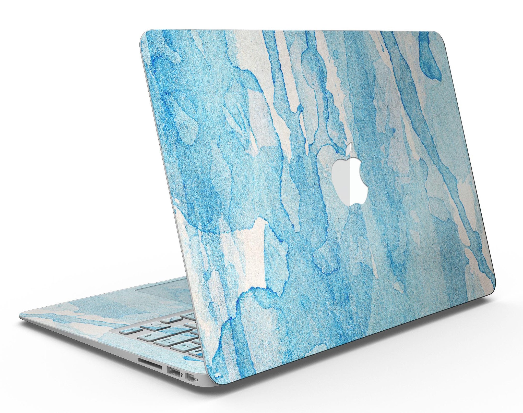 Blue Watercolor Drizzle MacBook Air Skin Kit showcasing vibrant watercolor design on premium vinyl.