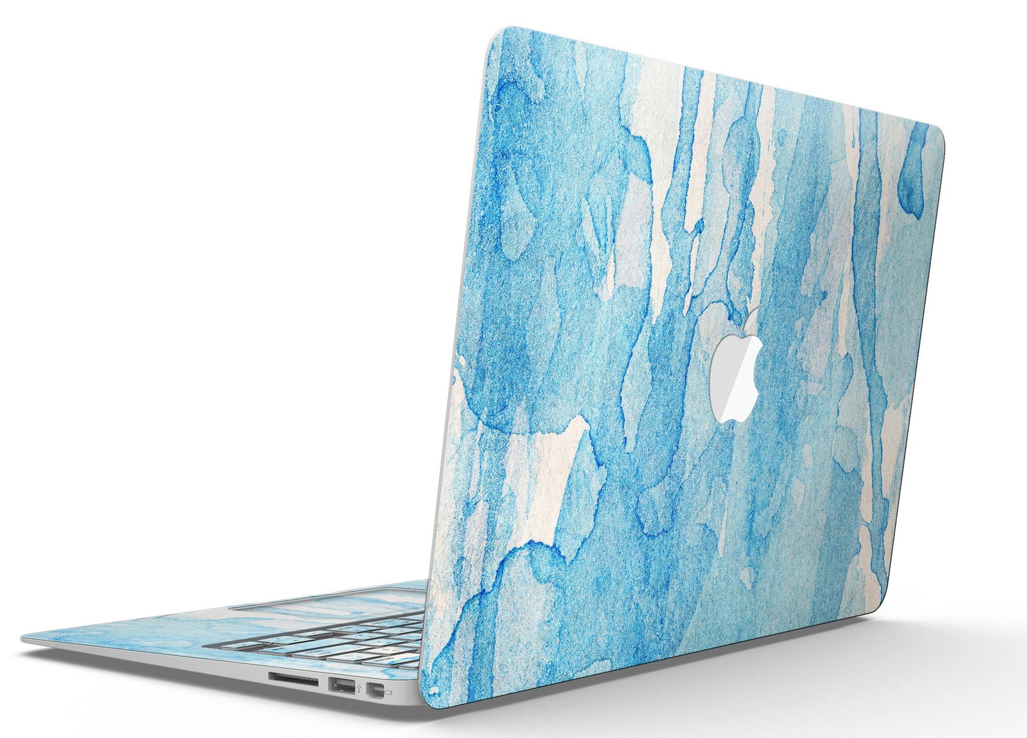 Blue Watercolor Drizzle MacBook Air Skin Kit showcasing vibrant watercolor design on premium vinyl.