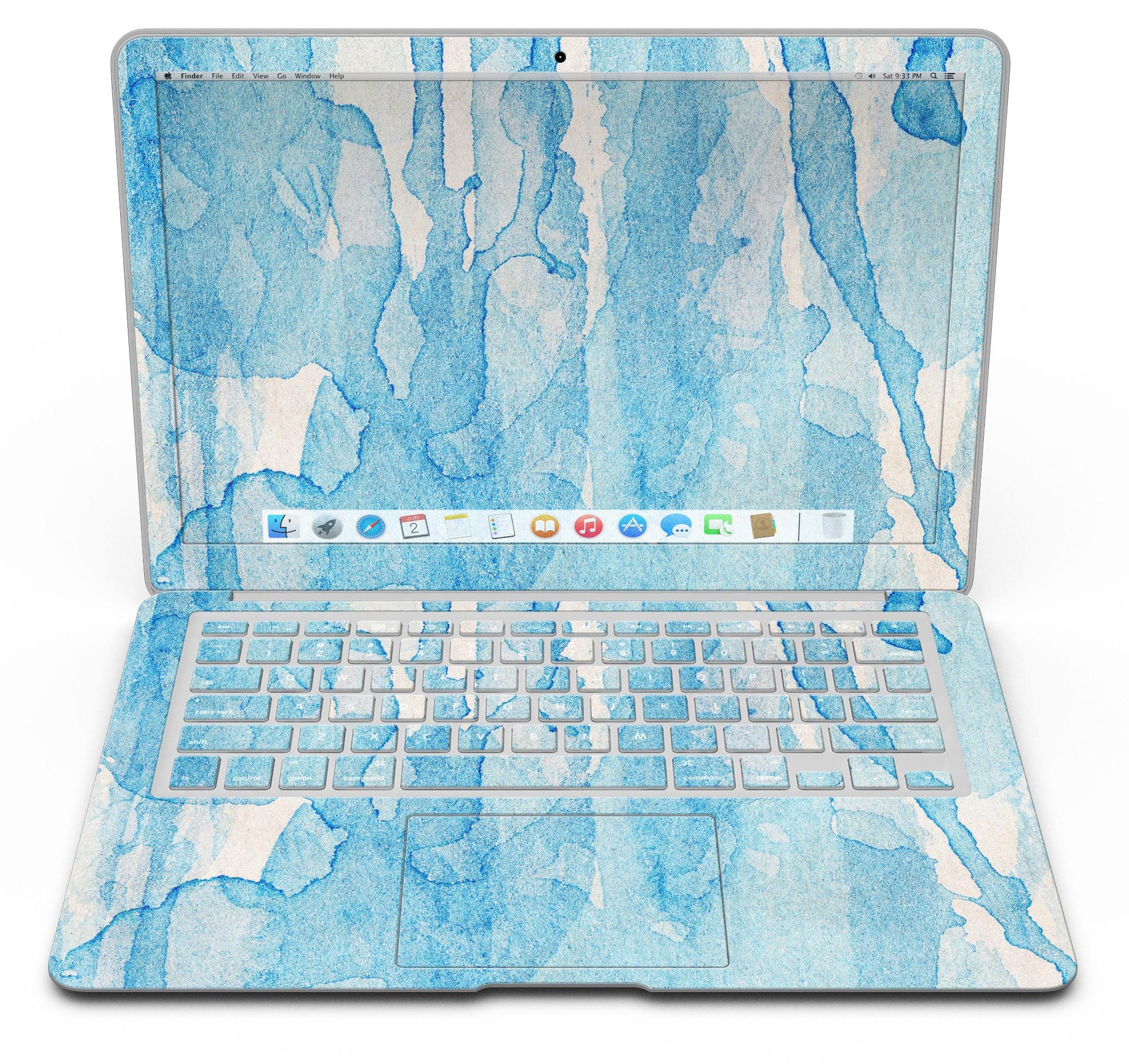 Blue Watercolor Drizzle MacBook Air Skin Kit showcasing vibrant watercolor design on premium vinyl.