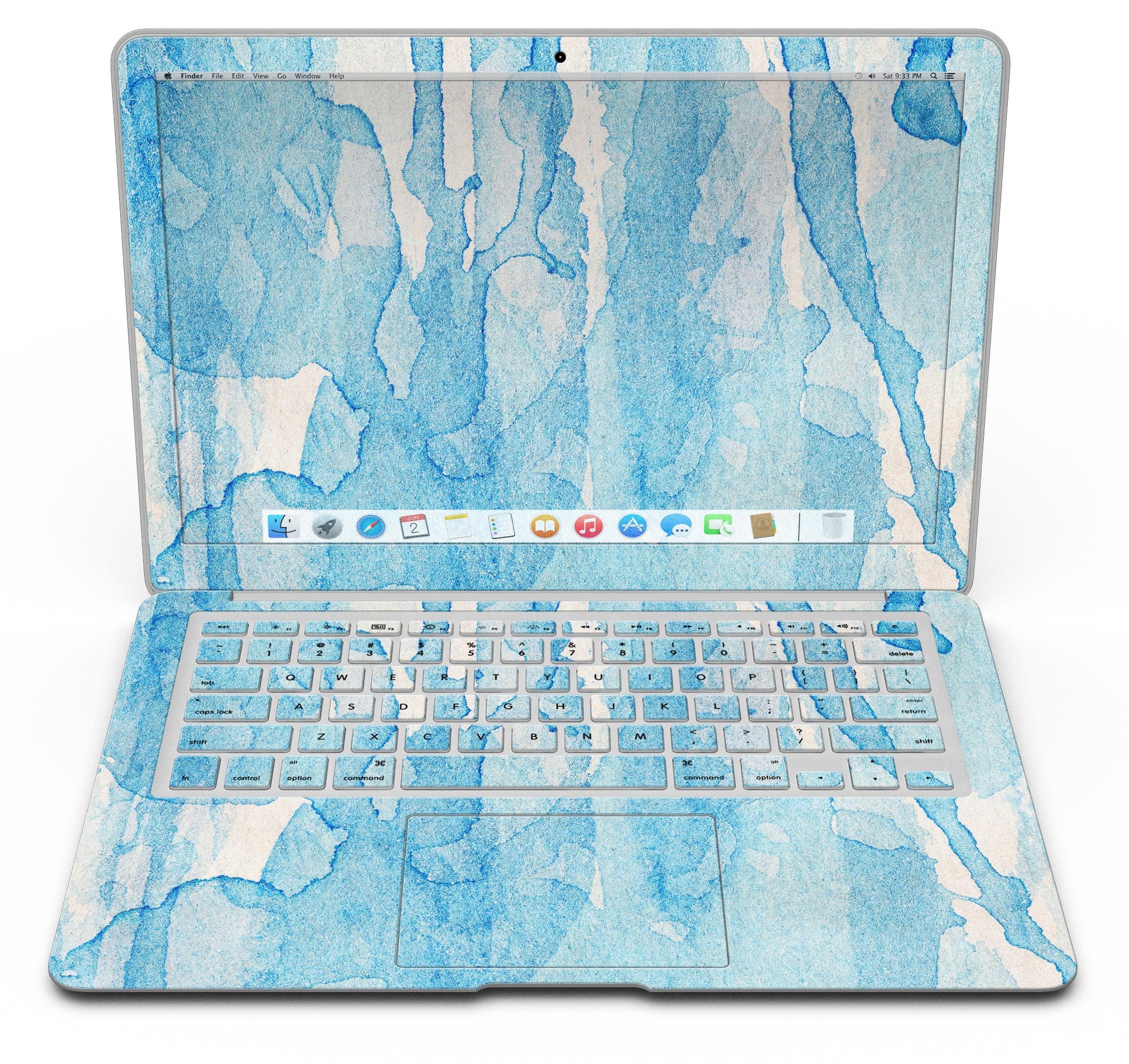 Blue Watercolor Drizzle MacBook Air Skin Kit showcasing vibrant watercolor design on premium vinyl.