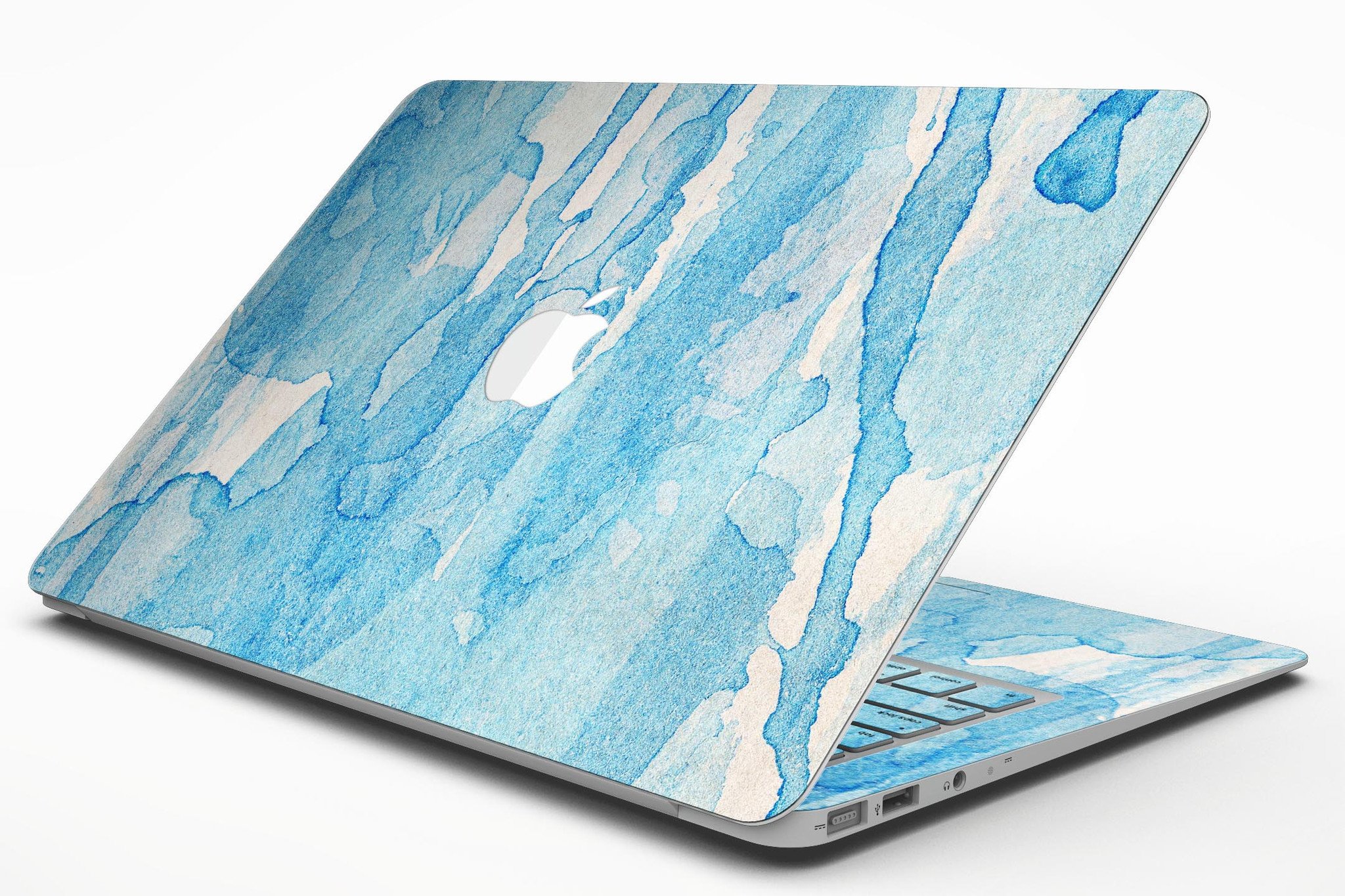 Blue Watercolor Drizzle MacBook Air Skin Kit showcasing vibrant watercolor design on premium vinyl.