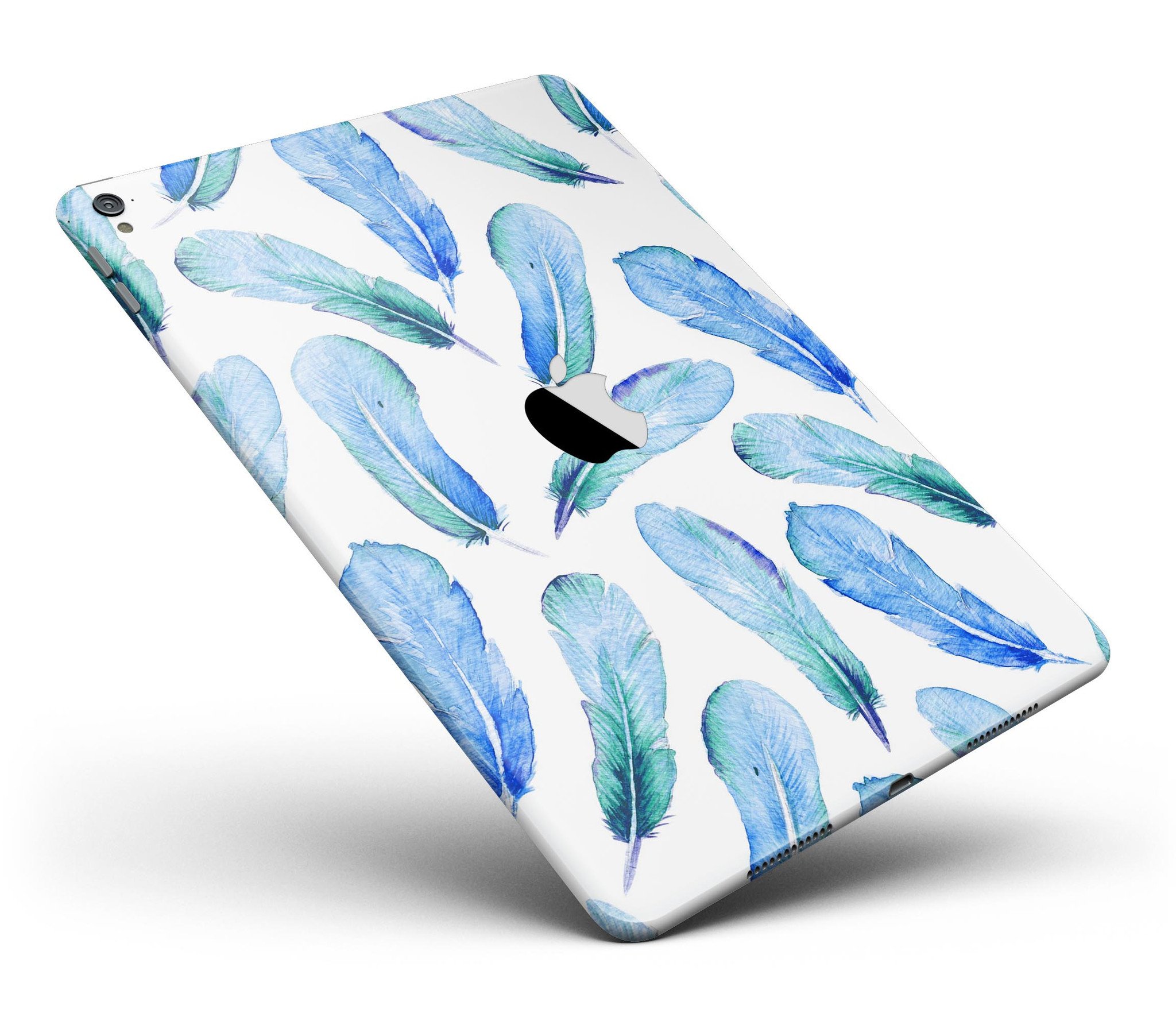 Blue Watercolor Feather Pattern Full Body Skin for iPad Pro, showcasing vibrant colors and intricate feather design.