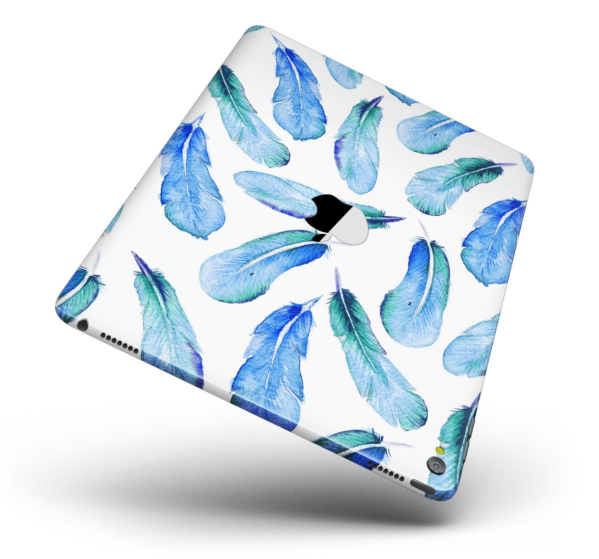 Blue Watercolor Feather Pattern Full Body Skin for iPad Pro, showcasing vibrant colors and intricate feather design.