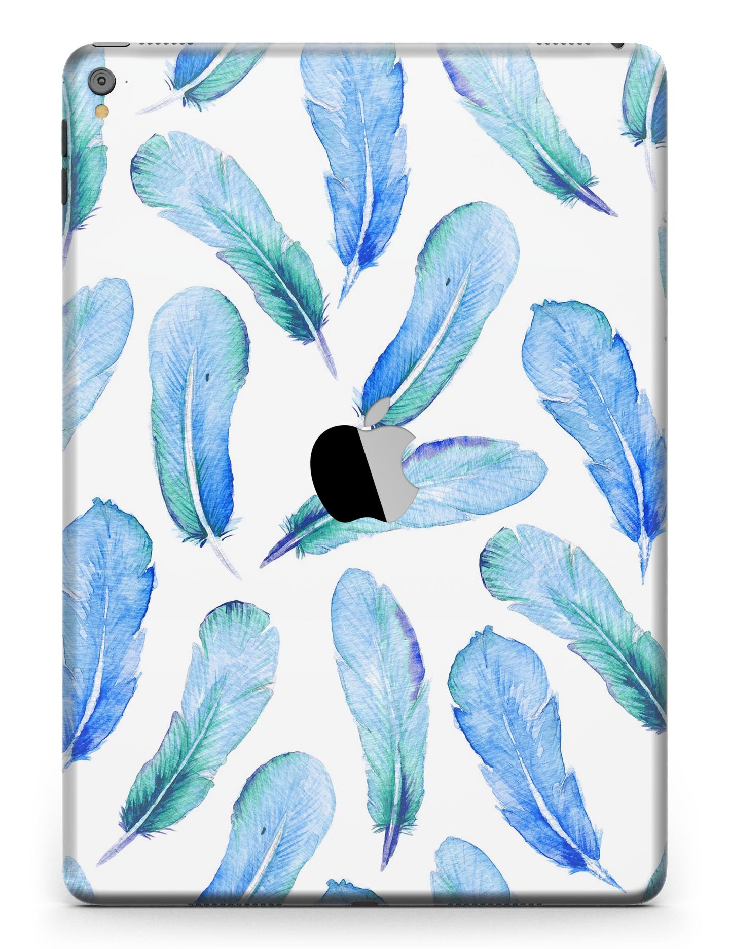 Blue Watercolor Feather Pattern Full Body Skin for iPad Pro, showcasing vibrant colors and intricate feather design.