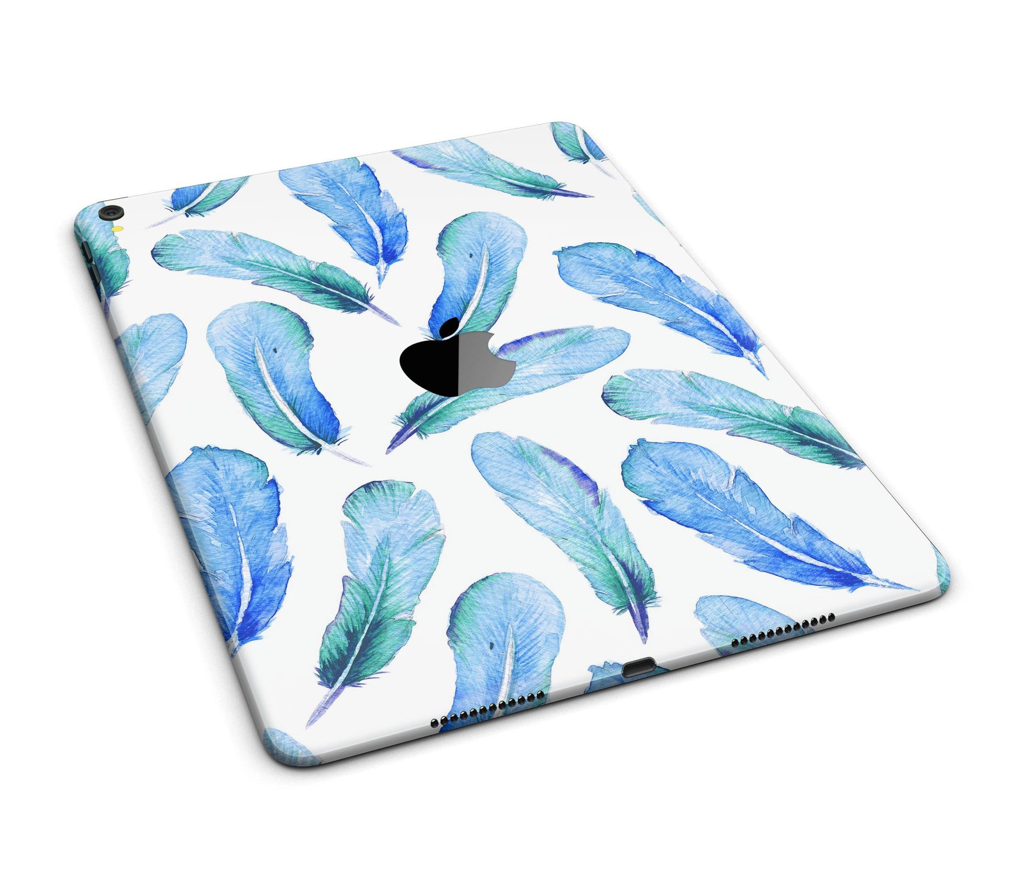 Blue Watercolor Feather Pattern Full Body Skin for iPad Pro, showcasing vibrant colors and intricate feather design.