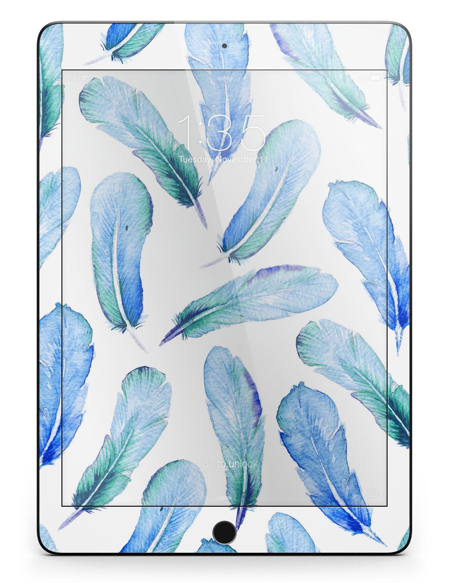 Blue Watercolor Feather Pattern Full Body Skin for iPad Pro, showcasing vibrant colors and intricate feather design.
