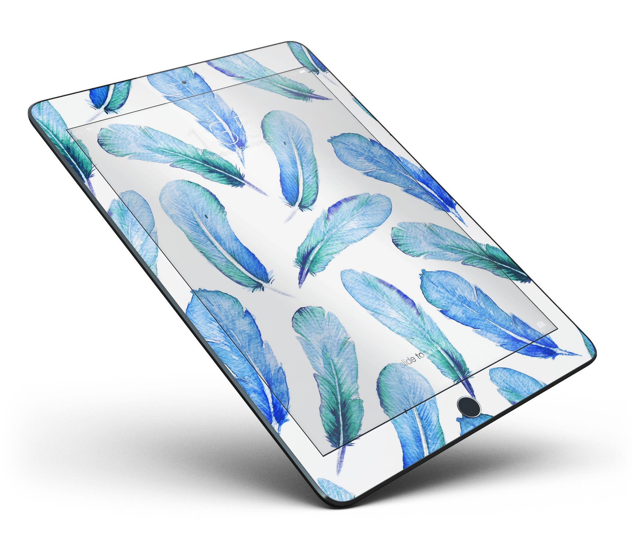 Blue Watercolor Feather Pattern Full Body Skin for iPad Pro, showcasing vibrant colors and intricate feather design.