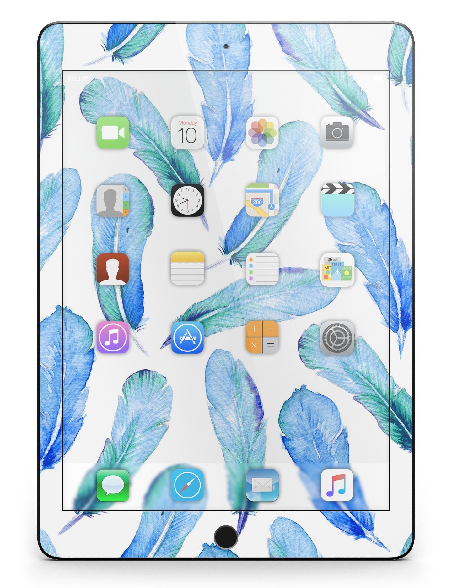 Blue Watercolor Feather Pattern Full Body Skin for iPad Pro, showcasing vibrant colors and intricate feather design.