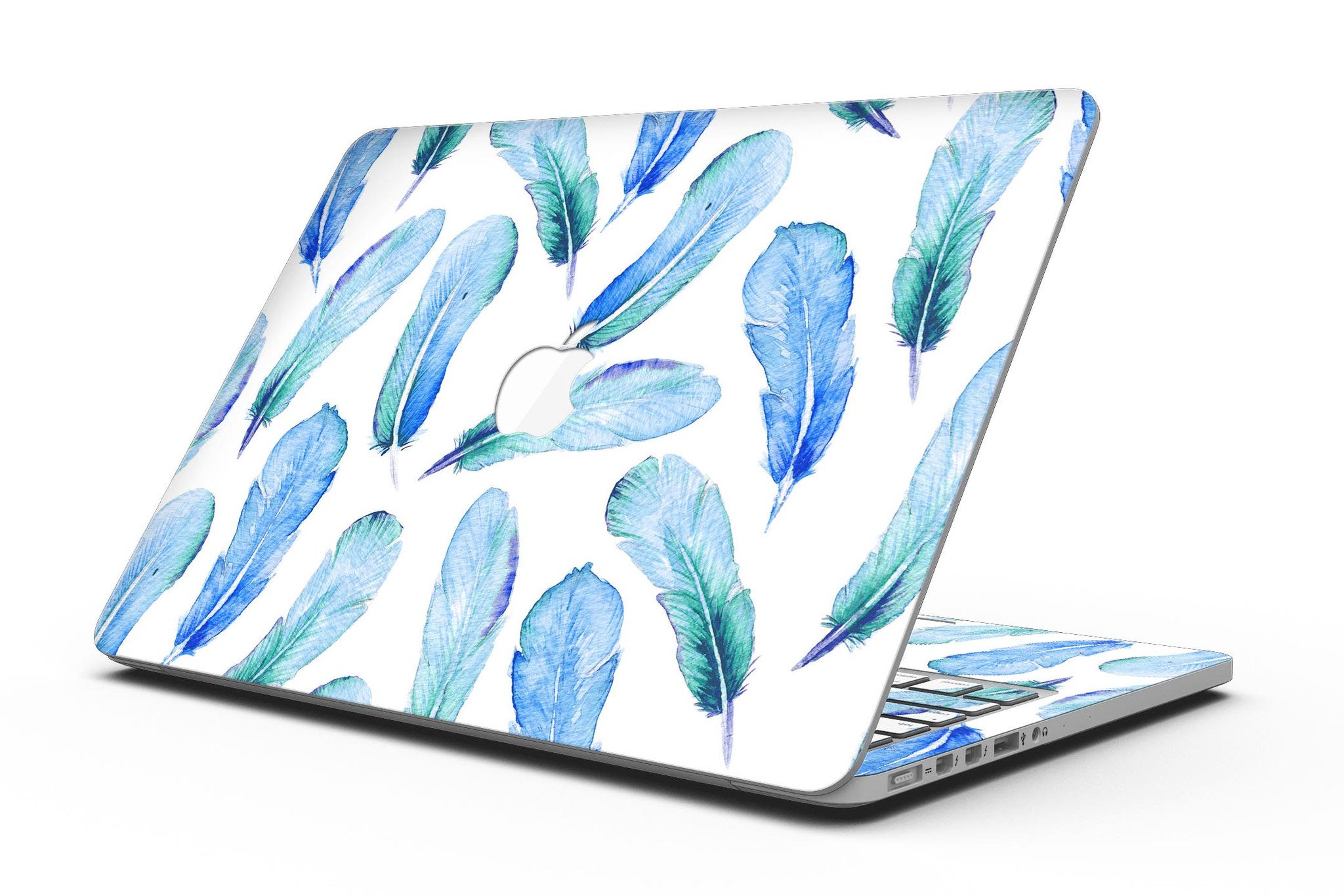 Blue Watercolor Feather Pattern skin for MacBook Pro with Retina Display, showcasing vibrant colors and intricate feather design.