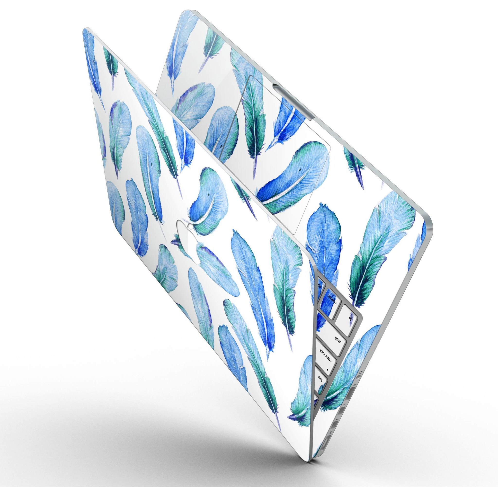 Blue Watercolor Feather Pattern skin for MacBook Pro with Retina Display, showcasing vibrant colors and intricate feather design.