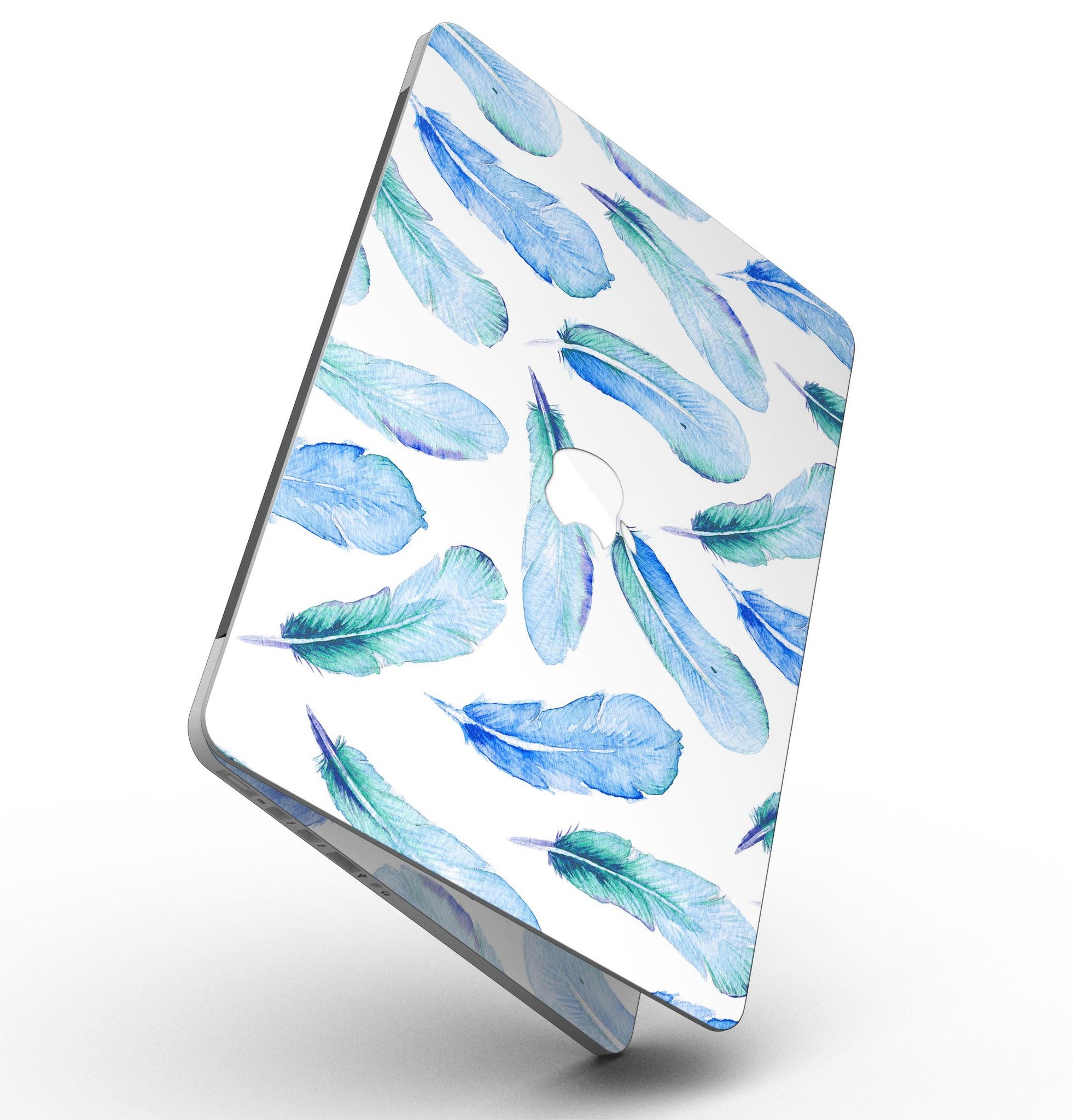 Blue Watercolor Feather Pattern skin for MacBook Pro with Retina Display, showcasing vibrant colors and intricate feather design.