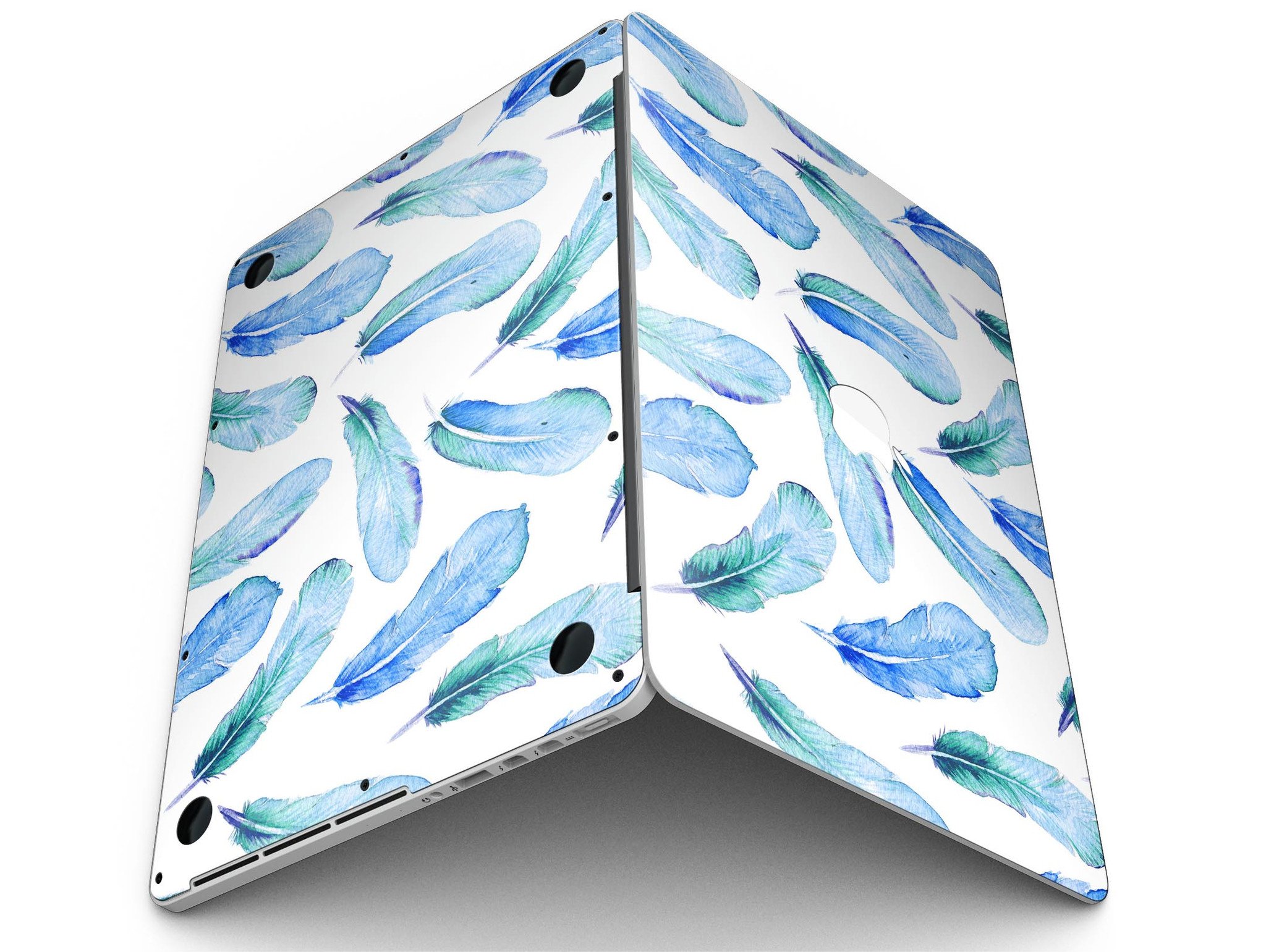Blue Watercolor Feather Pattern skin for MacBook Pro with Retina Display, showcasing vibrant colors and intricate feather design.
