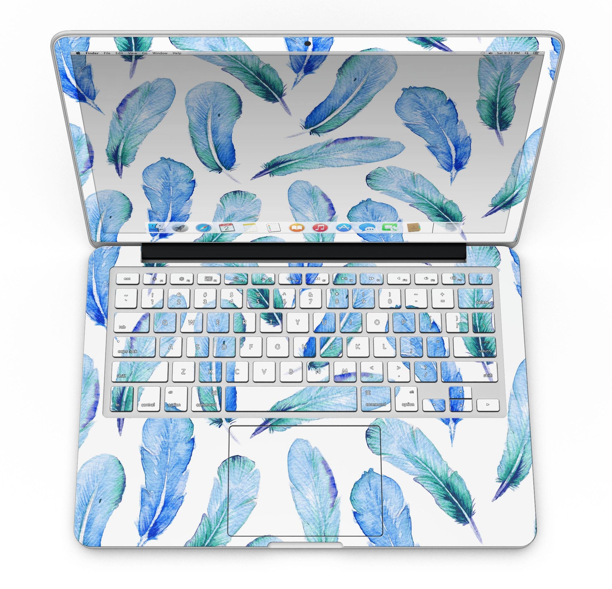 Blue Watercolor Feather Pattern skin for MacBook Pro with Retina Display, showcasing vibrant colors and intricate feather design.