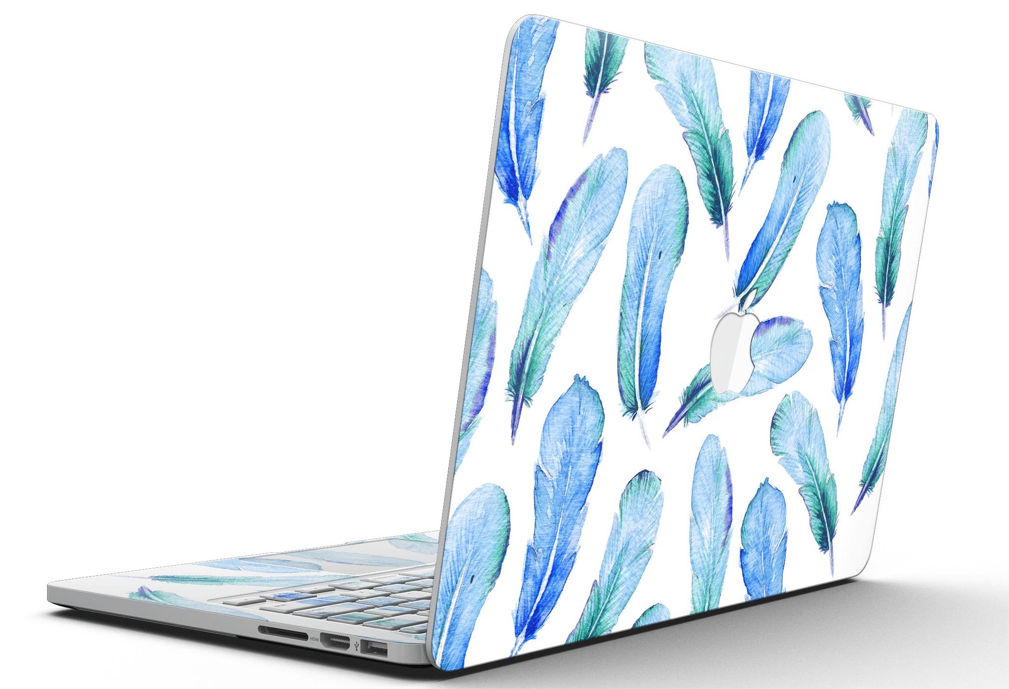 Blue Watercolor Feather Pattern skin for MacBook Pro with Retina Display, showcasing vibrant colors and intricate feather design.