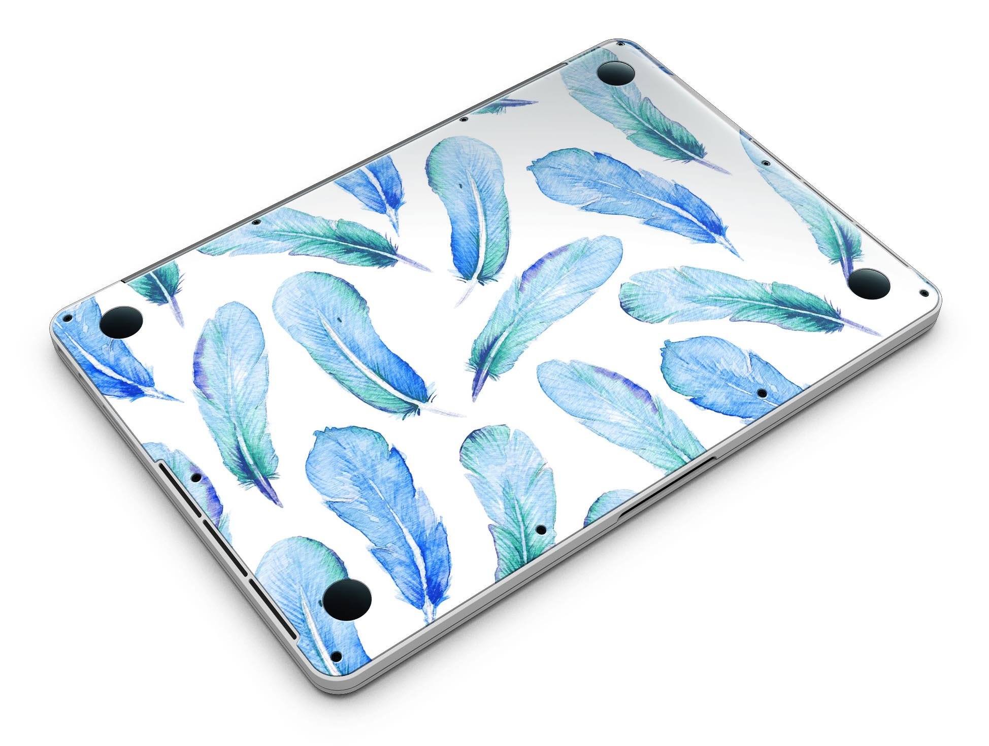 Blue Watercolor Feather Pattern skin for MacBook Pro with Retina Display, showcasing vibrant colors and intricate feather design.