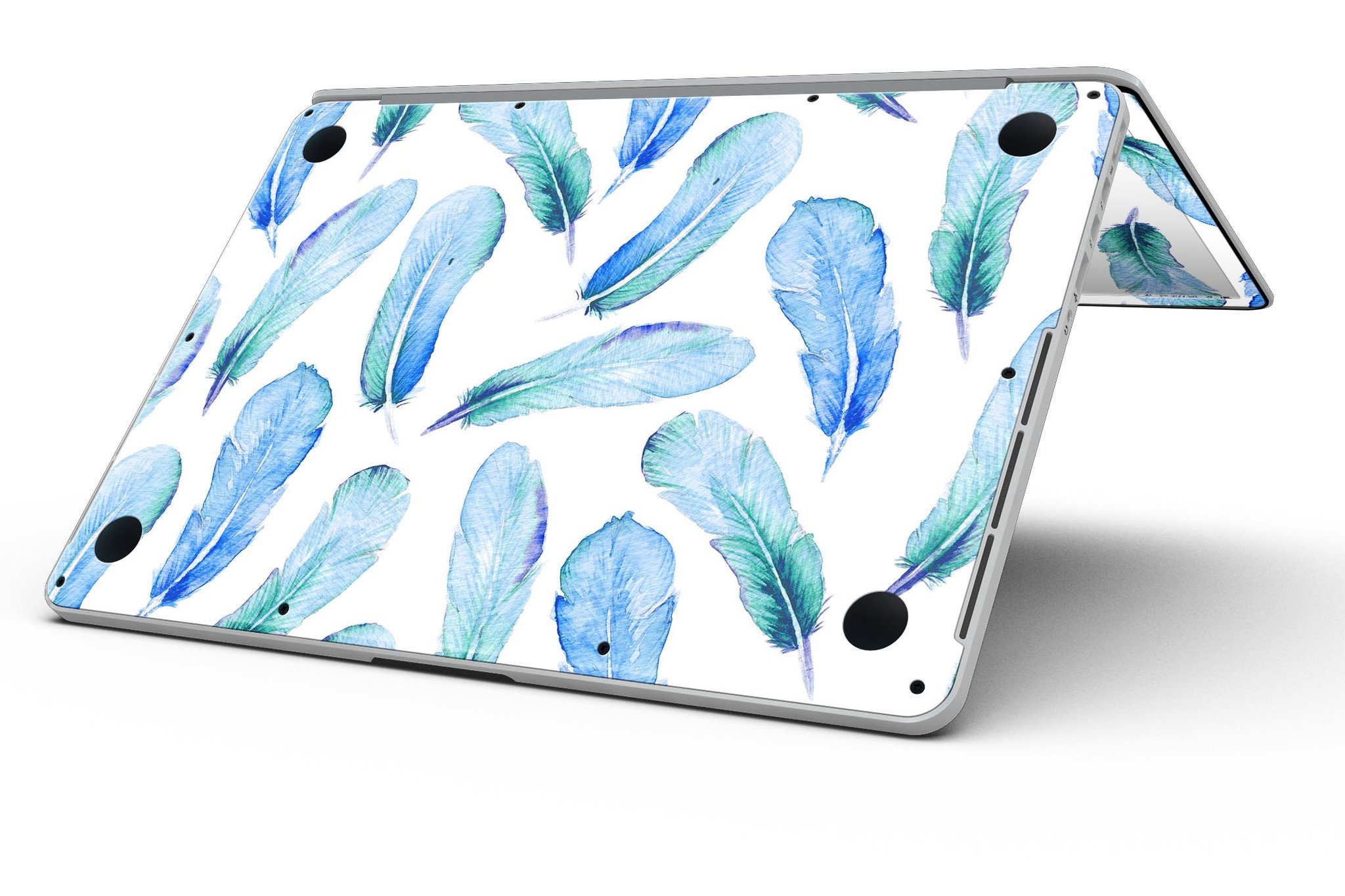 Blue Watercolor Feather Pattern skin for MacBook Pro with Retina Display, showcasing vibrant colors and intricate feather design.