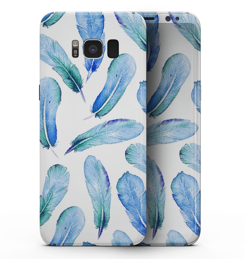 Samsung Galaxy S8 with Blue Watercolor Feather Pattern skin, showcasing vibrant colors and intricate feather design.