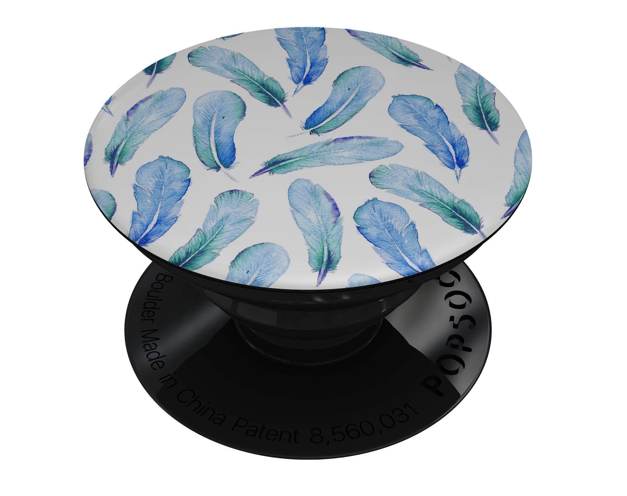 Blue Watercolor Feather Pattern Skin Kit for PopSockets, featuring vibrant colors and intricate feather designs on premium vinyl.