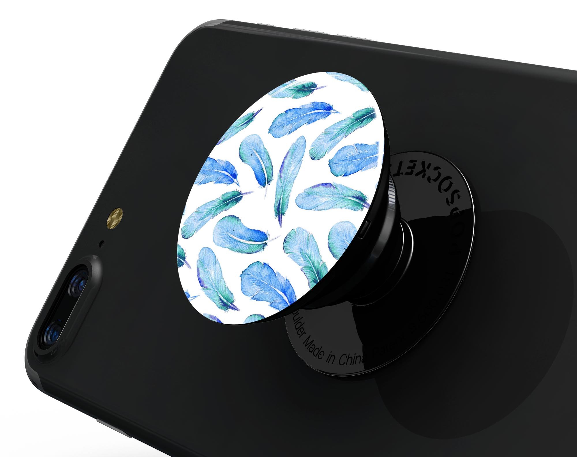 Blue Watercolor Feather Pattern Skin Kit for PopSockets, featuring vibrant colors and intricate feather designs on premium vinyl.