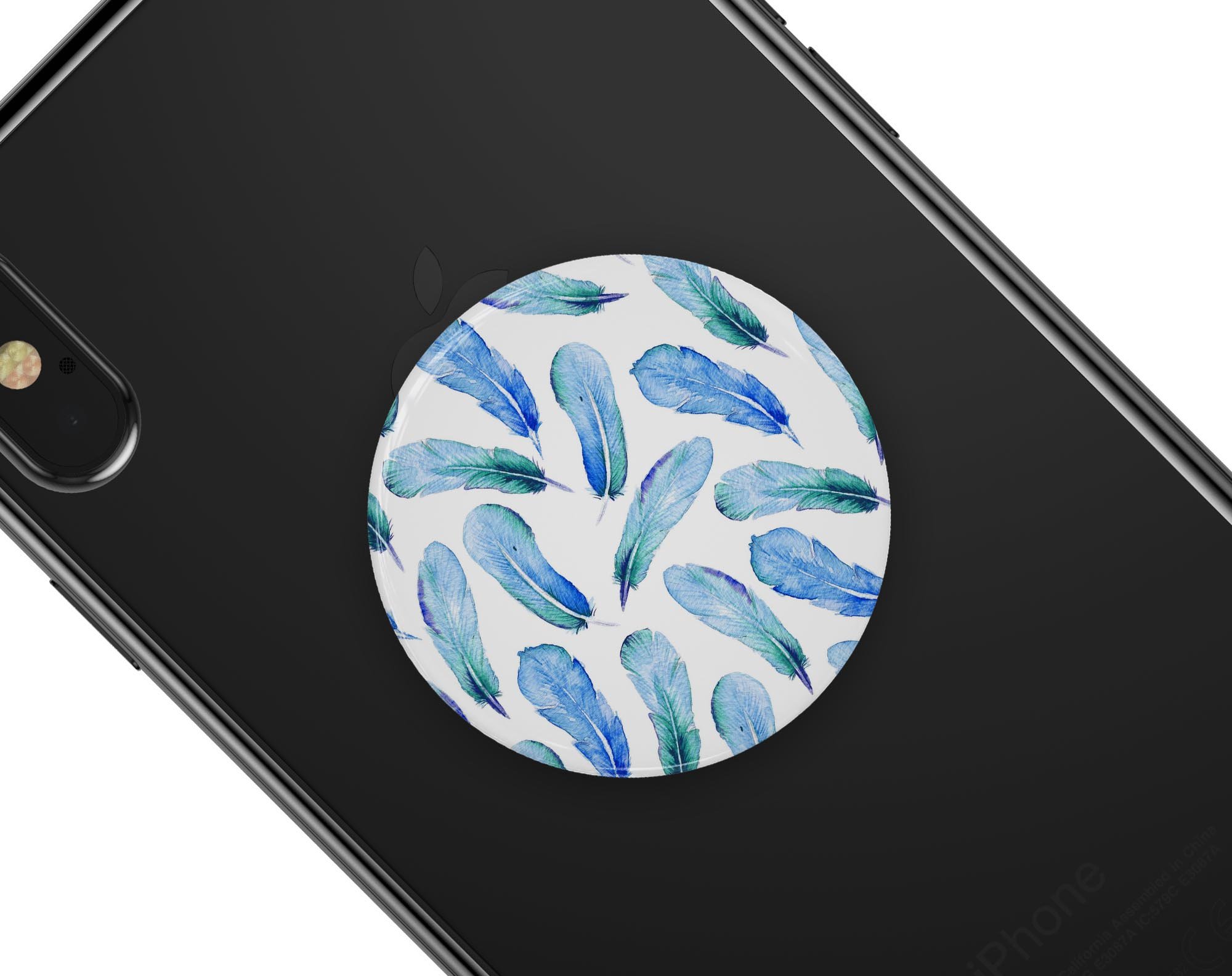 Blue Watercolor Feather Pattern Skin Kit for PopSockets, featuring vibrant colors and intricate feather designs on premium vinyl.