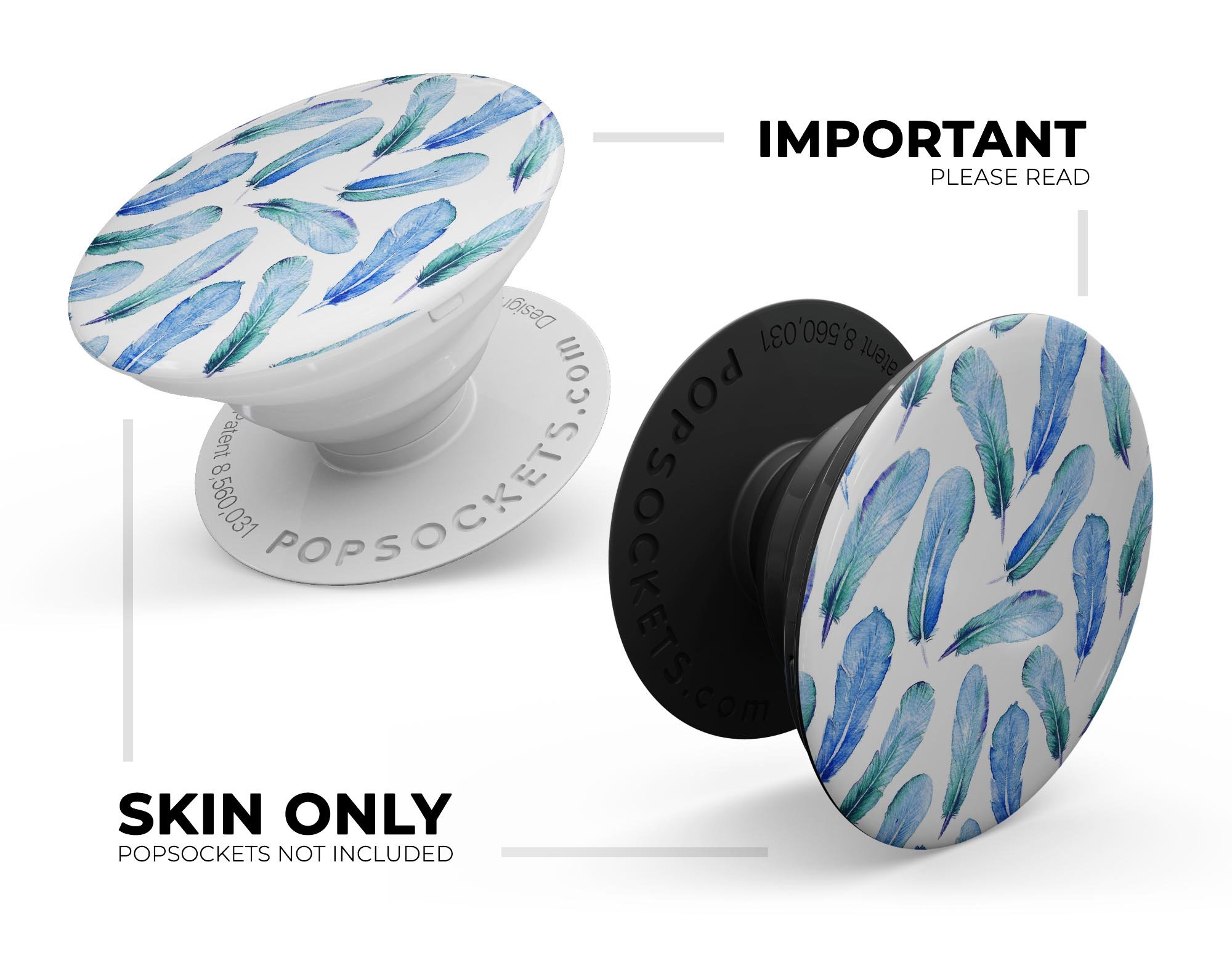 Blue Watercolor Feather Pattern Skin Kit for PopSockets, featuring vibrant colors and intricate feather designs on premium vinyl.